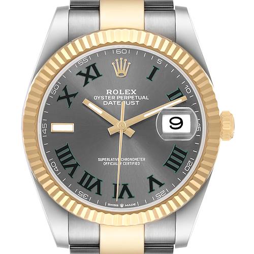 The Rolex Datejust 41 126333 Men's Steel and Gold (two tone) Grey Dial is shown from the front, highlighting its dial, fluted bezel, and partial bracelet.
