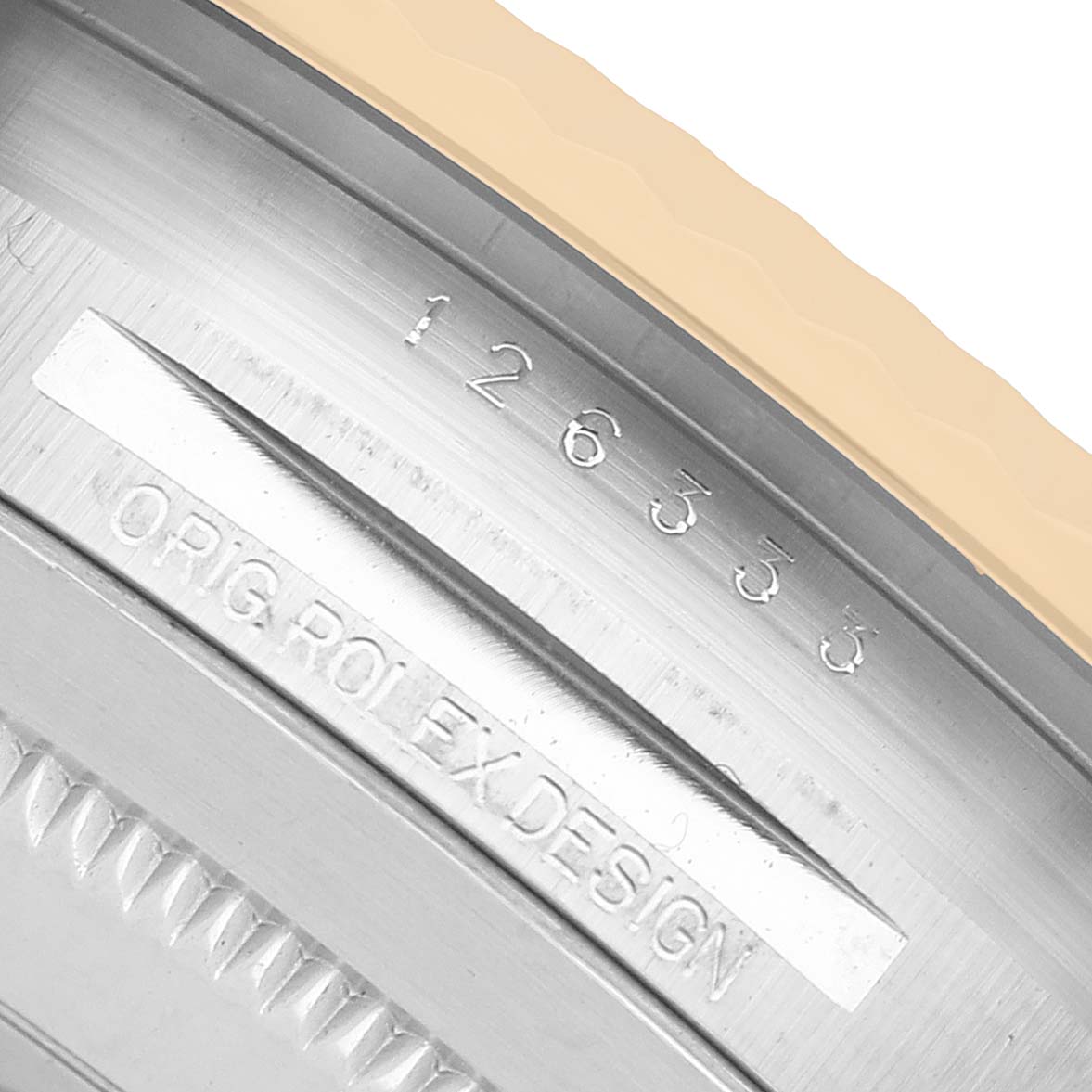 The image shows the side of the Rolex Datejust 41 126333 Men's Steel and Gold (two tone) Grey Dial case, featuring the model number and "Orig. Rolex Design" engraving.