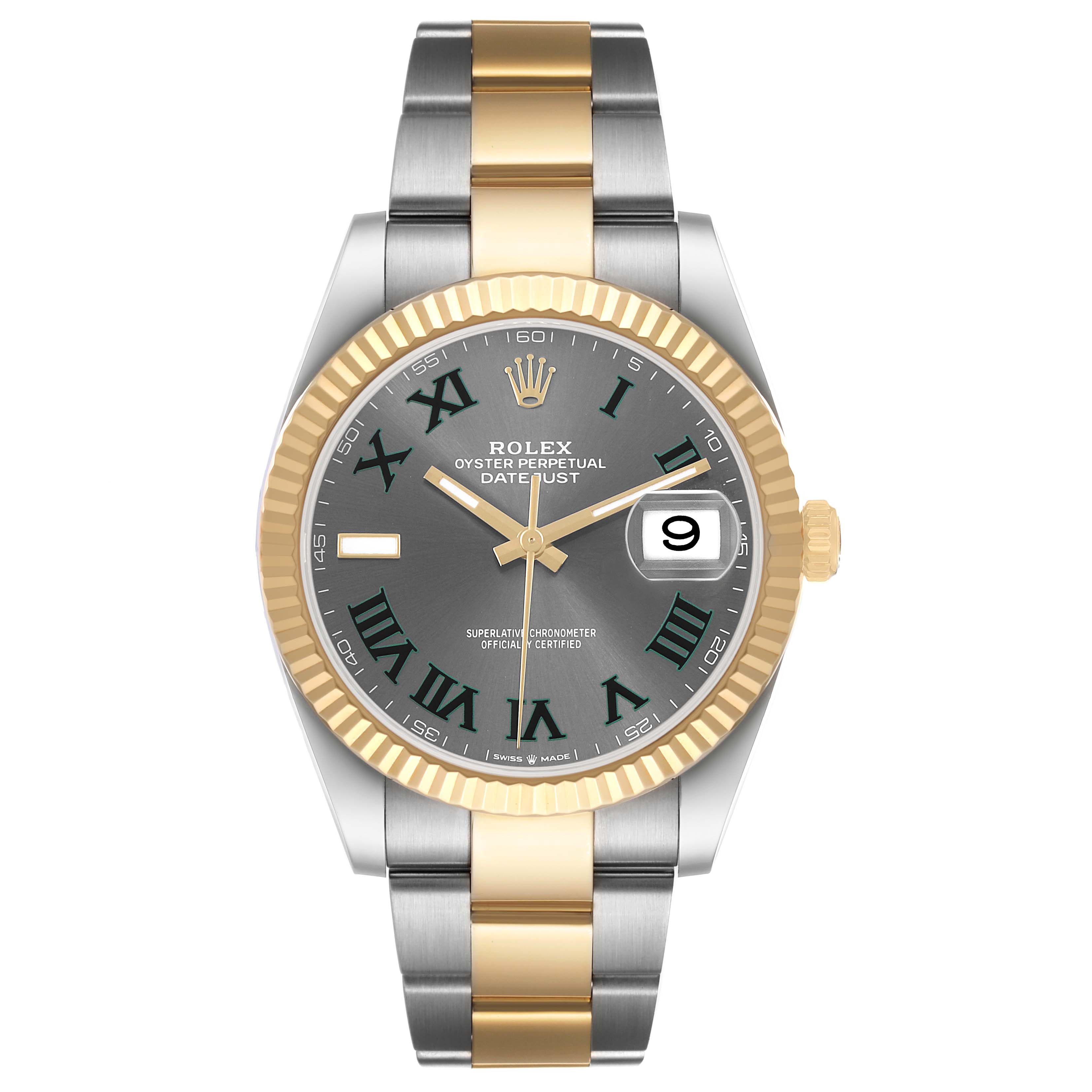 The Rolex Datejust 41 126333 Men's Steel and Gold (two tone) Grey Dial watch is shown from a top-down angle, highlighting the dial, bezel, and two-tone bracelet.