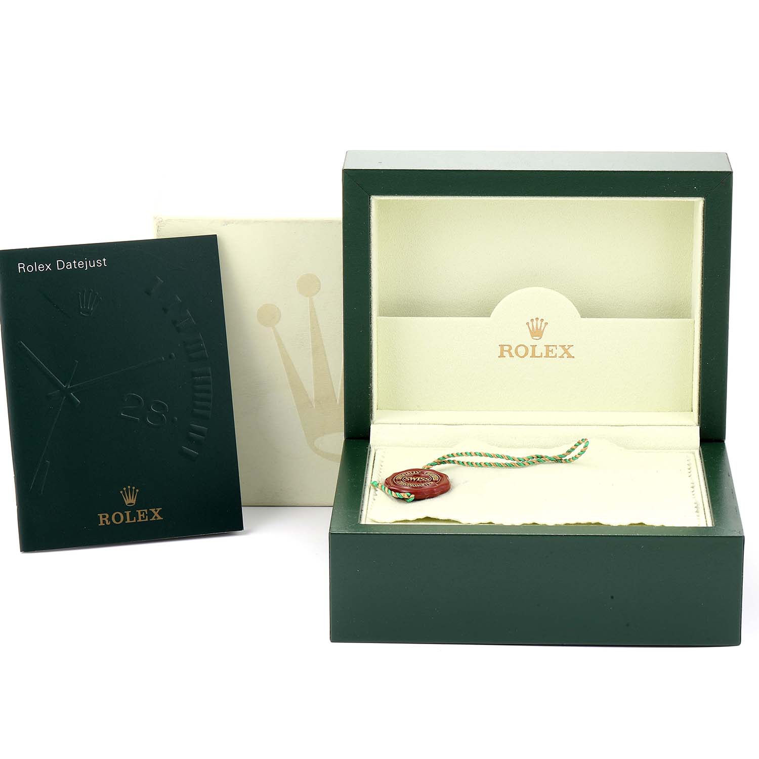 The image shows a Rolex Datejust 116200 Men's Stainless Steel Black Dial 116200 Men's Stainless Steel Black Dial box, manual, and a tag from an elevated front angle.