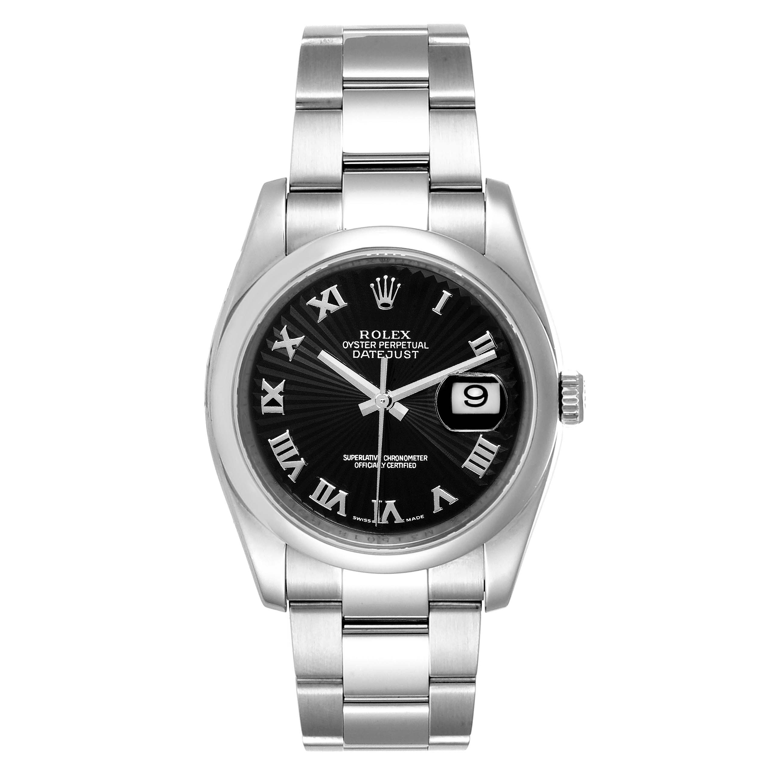 This image shows a front view of a Rolex Datejust 116200 Men's Stainless Steel Black Dial 116200 Men's Stainless Steel Black Dial watch, highlighting the dial, bezel, and bracelet.