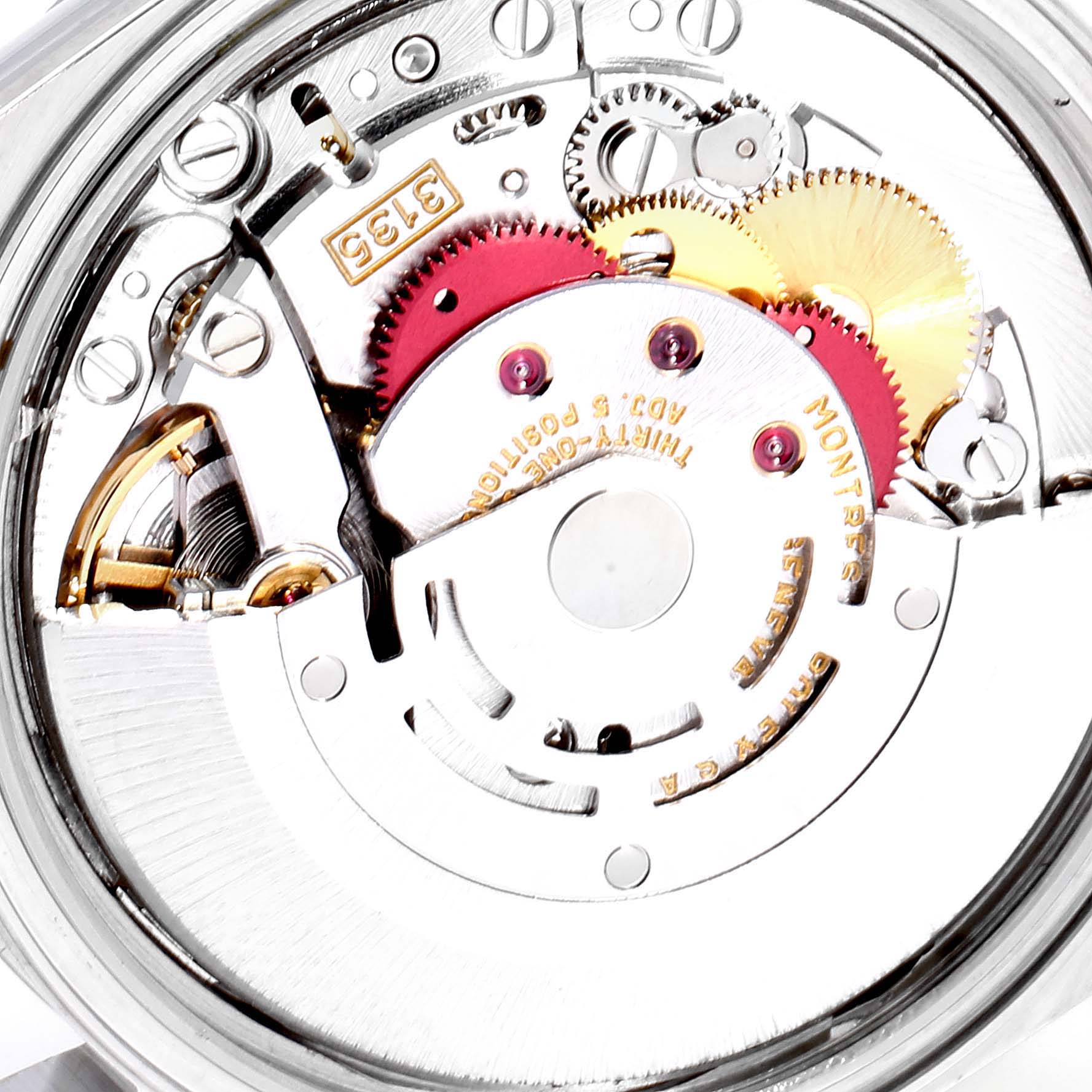 This image shows the internal mechanical movement of a Rolex Datejust 16220 Men's Stainless Steel Blue Dial 16220 Men's Stainless Steel Blue Dial watch from a rear angle.
