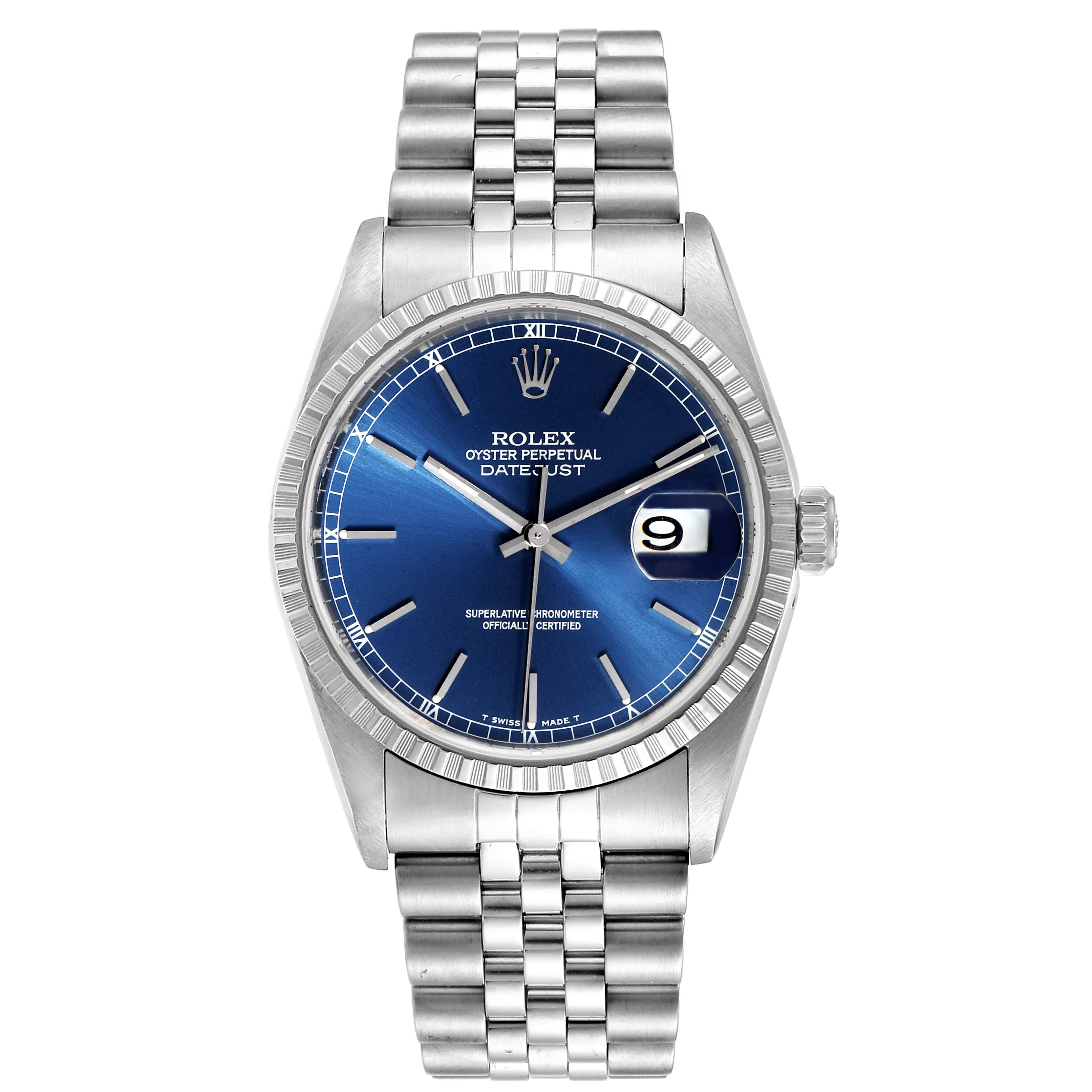 This image shows a front view of a Rolex Datejust 16220 Men's Stainless Steel Blue Dial 16220 Men's Stainless Steel Blue Dial watch, featuring a blue dial, fluted bezel, and metal bracelet.