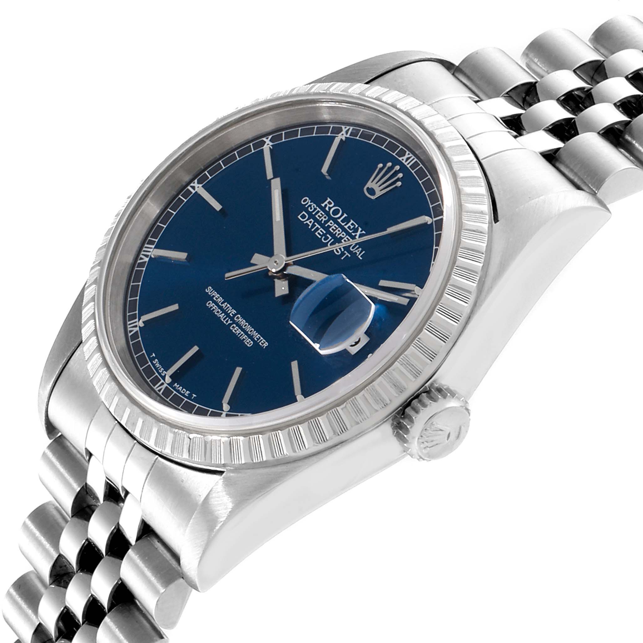 The image shows a Rolex Datejust 16220 Men's Stainless Steel Blue Dial 16220 Men's Stainless Steel Blue Dial watch at a slight angle, highlighting its blue dial, fluted bezel, crown, and Jubilee bracelet.