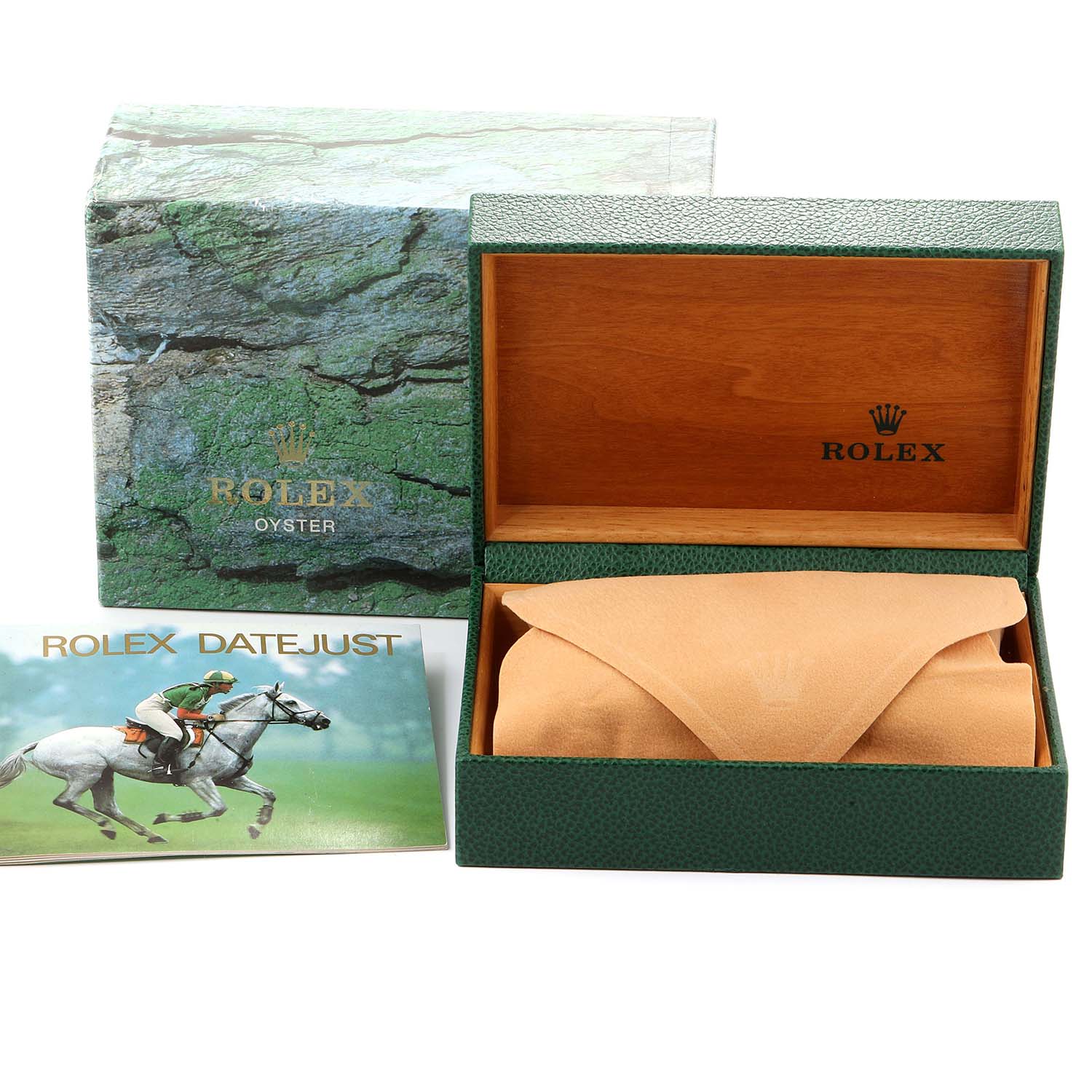 This image shows the packaging for a Rolex Datejust 16220 Men's Stainless Steel Blue Dial 16220 Men's Stainless Steel Blue Dial watch, including the box, pouch, and documentation.