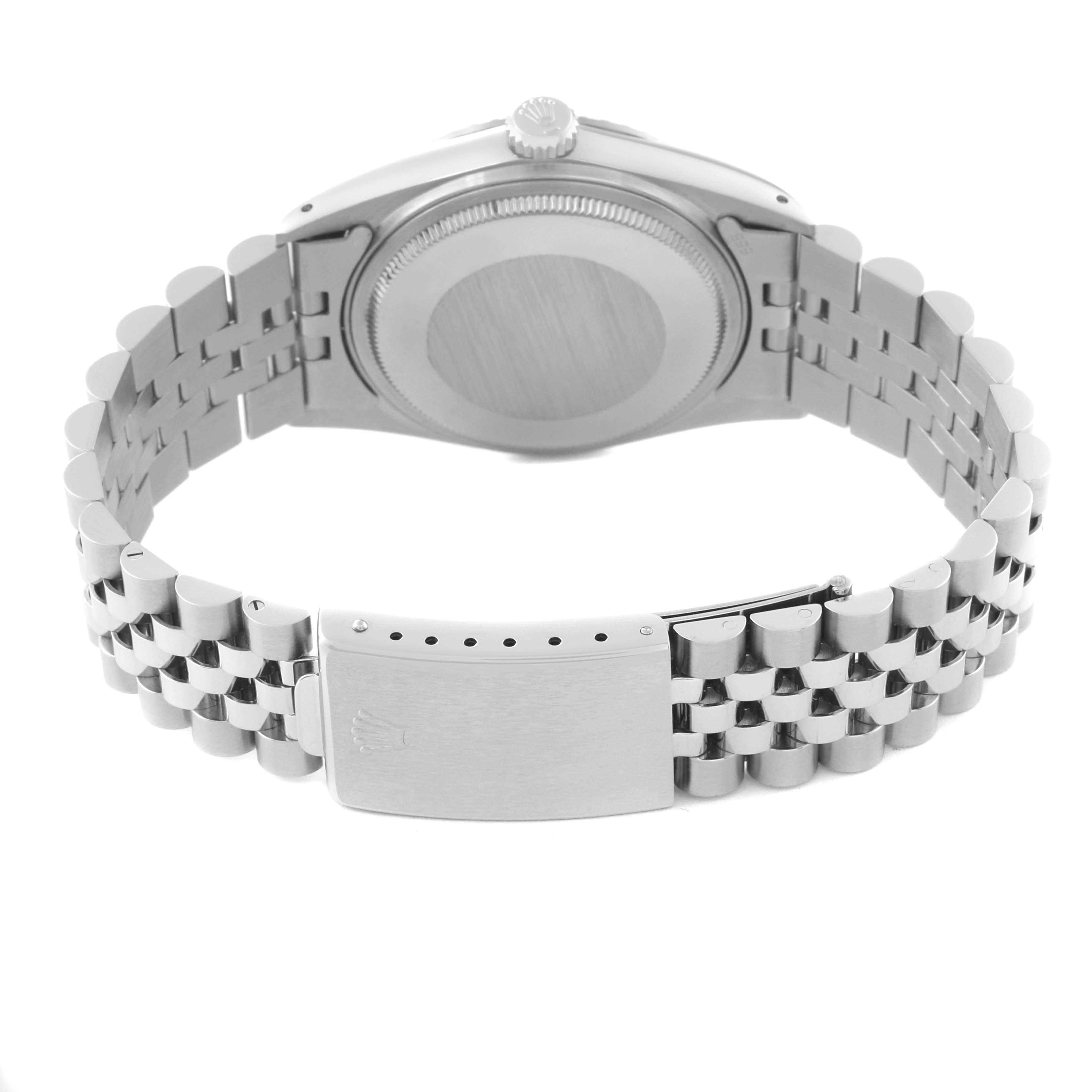 The image shows the back and the clasp of a Rolex Vintage Collection 16030 Men
s Stainless Steel Silver Dial 16030 Men
s Stainless Steel Silver Dial model watch from a rear angle.