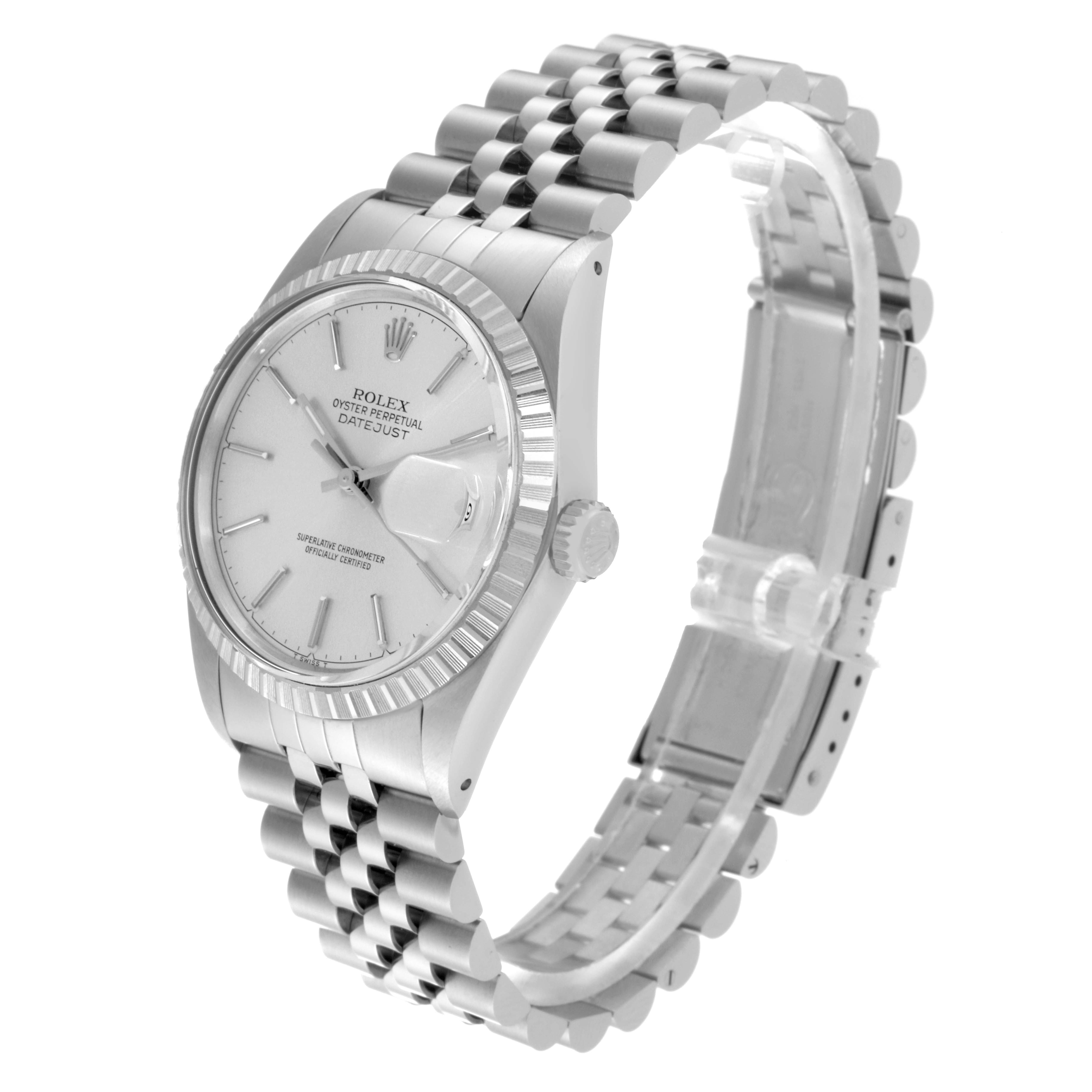 The image shows a side angle of a Rolex Vintage Collection 16030 Men
s Stainless Steel Silver Dial 16030 Men
s Stainless Steel Silver Dial Oyster Perpetual Datejust watch, displaying its face and bracelet.
