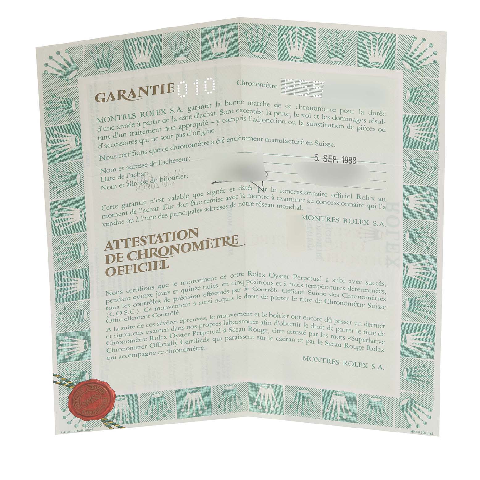 The image shows a warranty certificate for the Rolex Vintage Collection 16030 Men
s Stainless Steel Silver Dial 16030 Men
s Stainless Steel Silver Dial model, featuring text and logos.