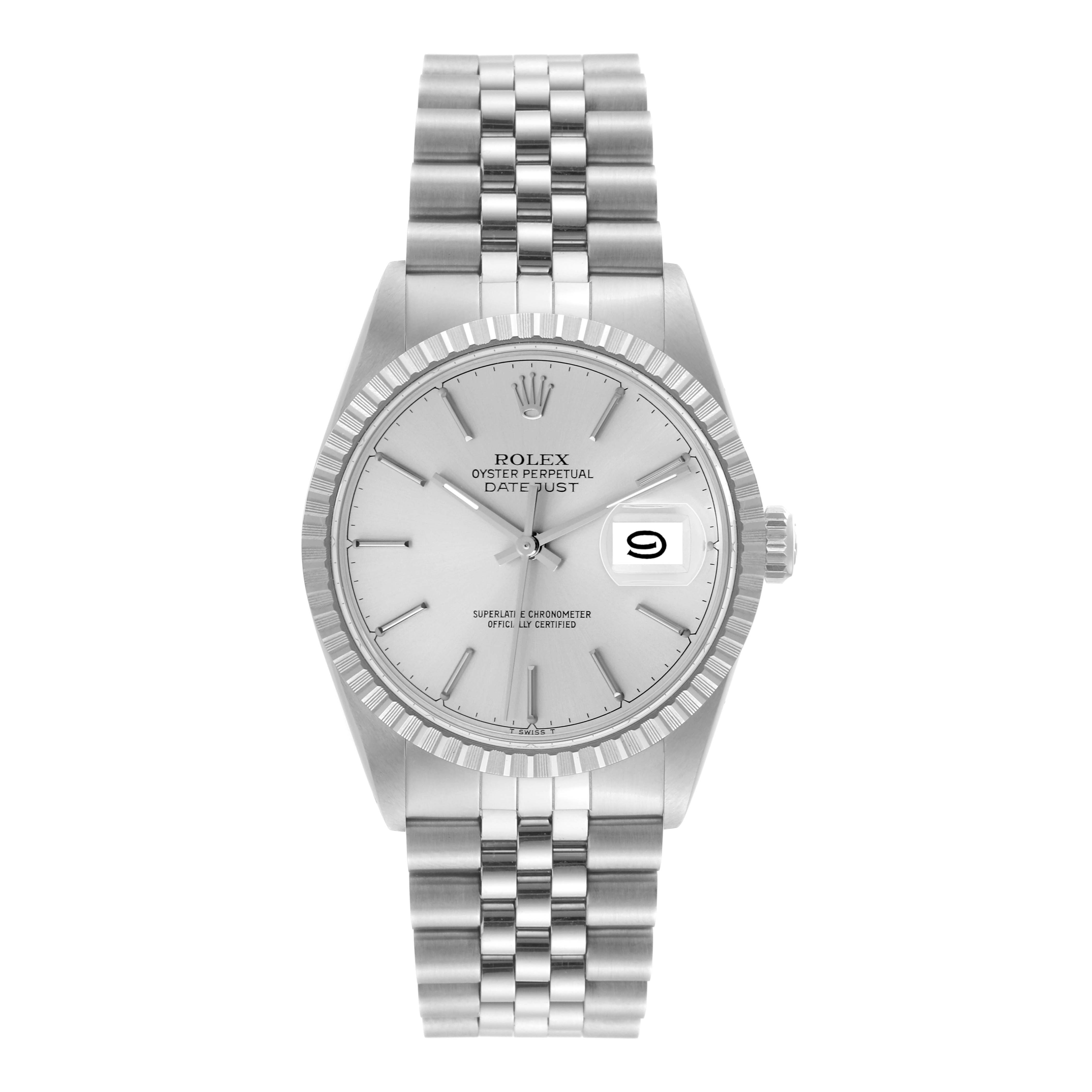 The watch is a front view of the Rolex Vintage Collection 16030 Men
s Stainless Steel Silver Dial 16030 Men
s Stainless Steel Silver Dial Datejust model, showing the dial, bracelet, and date window.