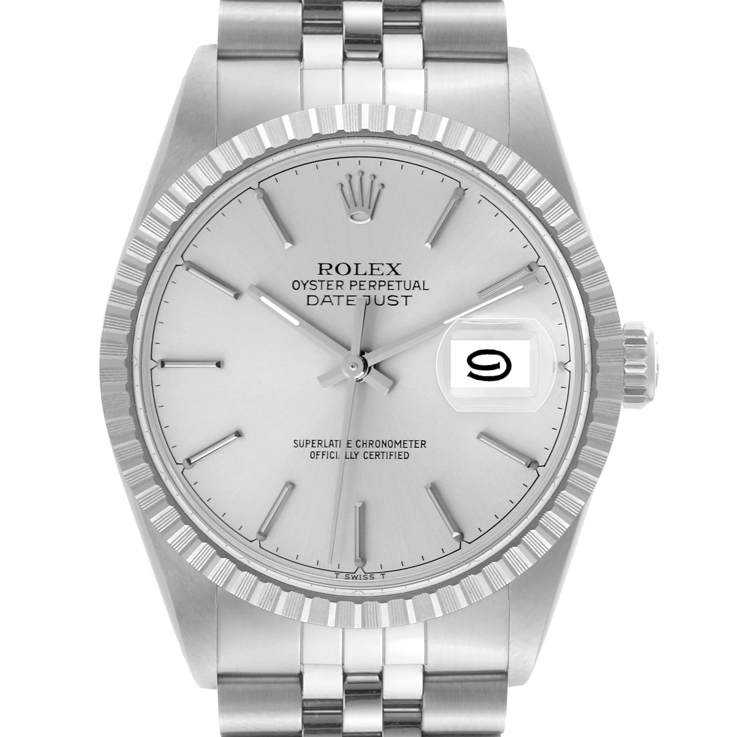 This is a front view of the Rolex Oyster Perpetual Datejust Vintage Collection watch showing the face, bezel, and part of the bracelet.
