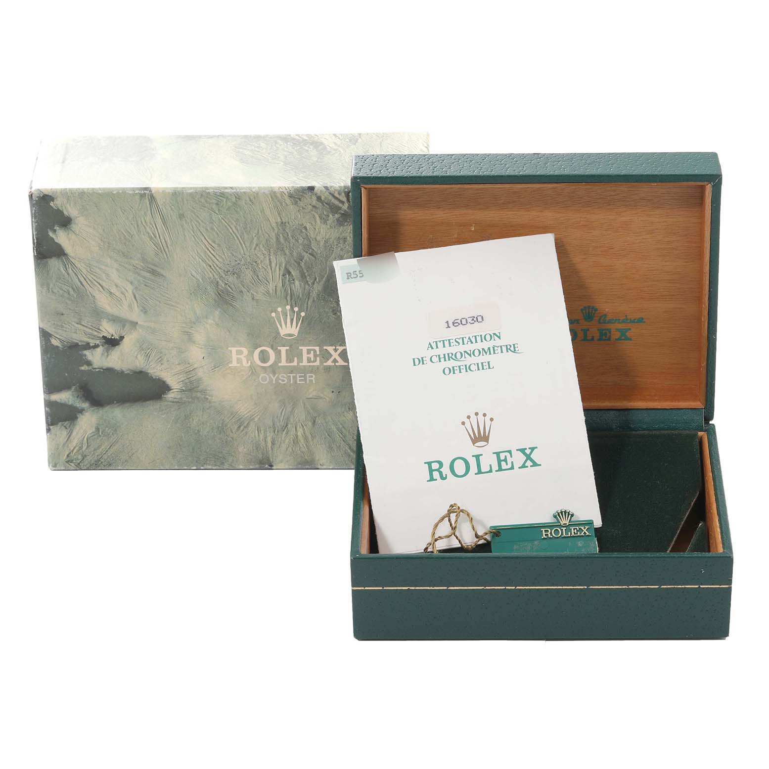 The image shows a Rolex Vintage Collection 16030 Men
s Stainless Steel Silver Dial 16030 Men
s Stainless Steel Silver Dial watch box and certificate, taken from a front angle.