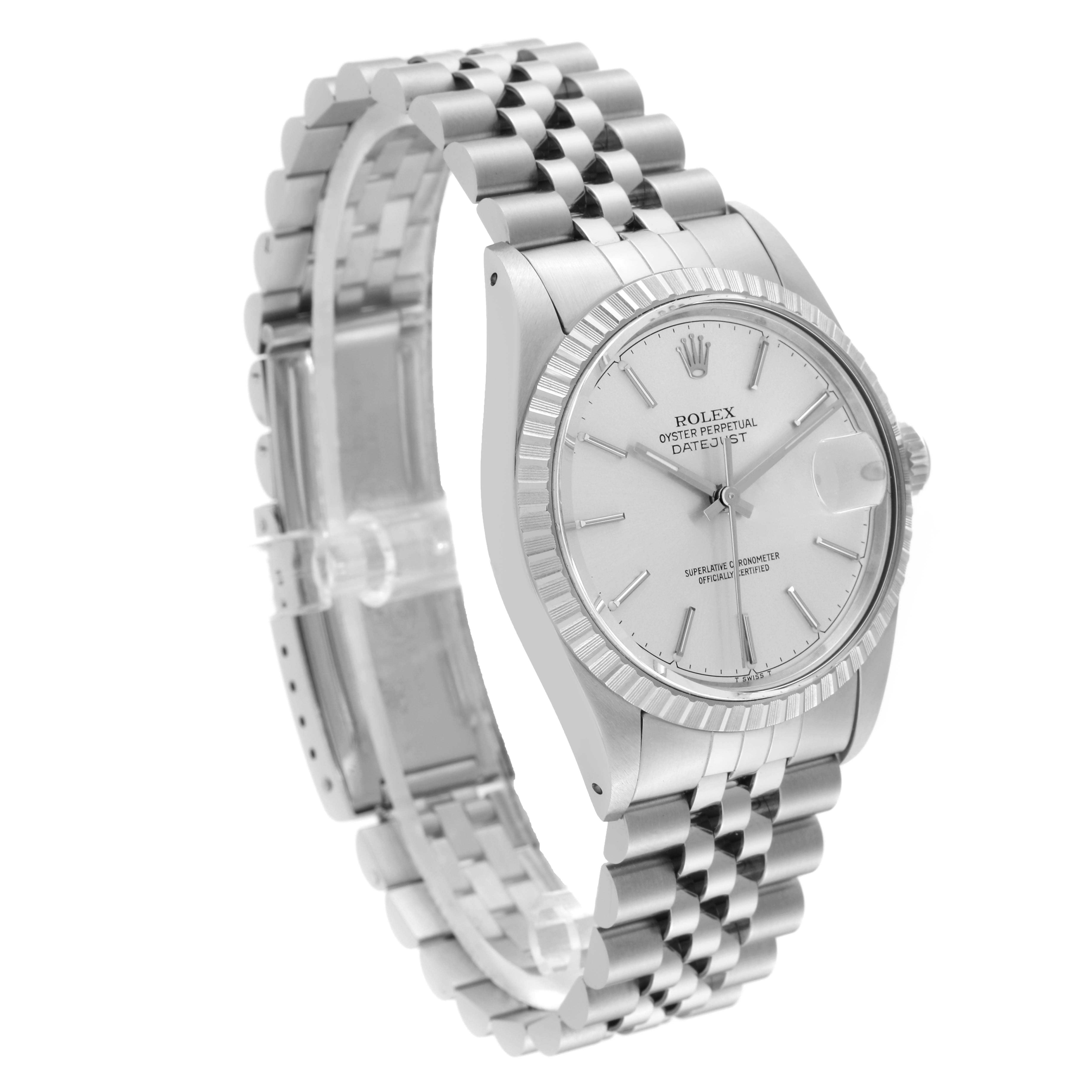 The Rolex Vintage Collection 16030 Men
s Stainless Steel Silver Dial 16030 Men
s Stainless Steel Silver Dial model watch is showcased at an angled side view, displaying its silver bracelet, bezel, and face with visible branding.
