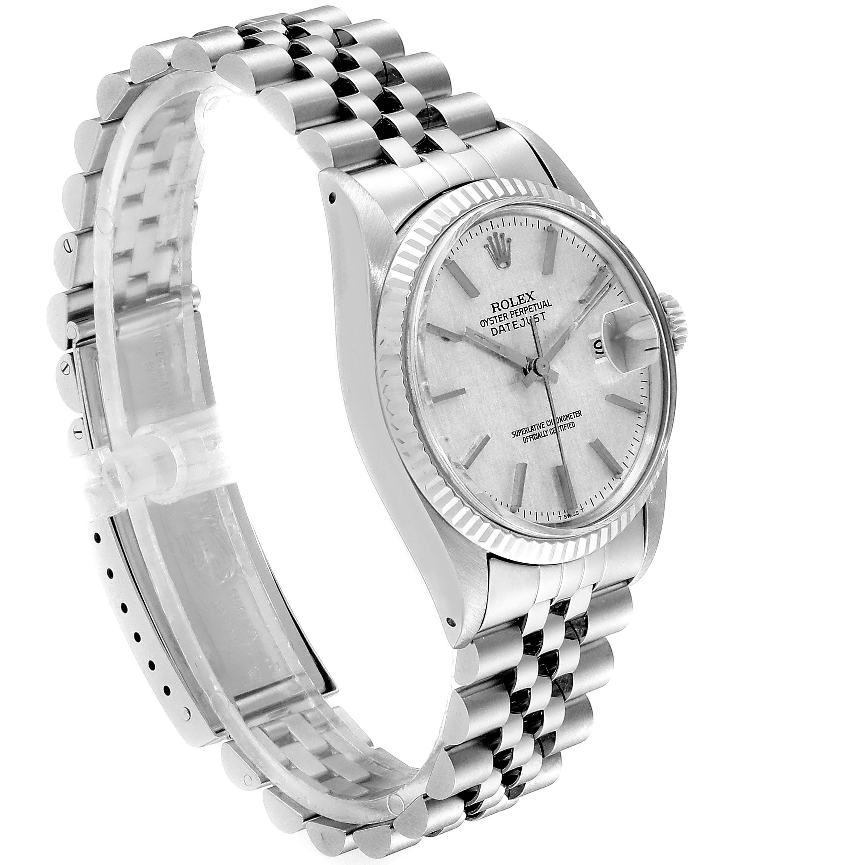 The image shows a side angle of the Rolex Vintage Collection 16014 Men
s Stainless Steel Silver Dial 16014 Men
s Stainless Steel Silver Dial Oyster Perpetual Datejust, highlighting the dial, bezel, and bracelet.