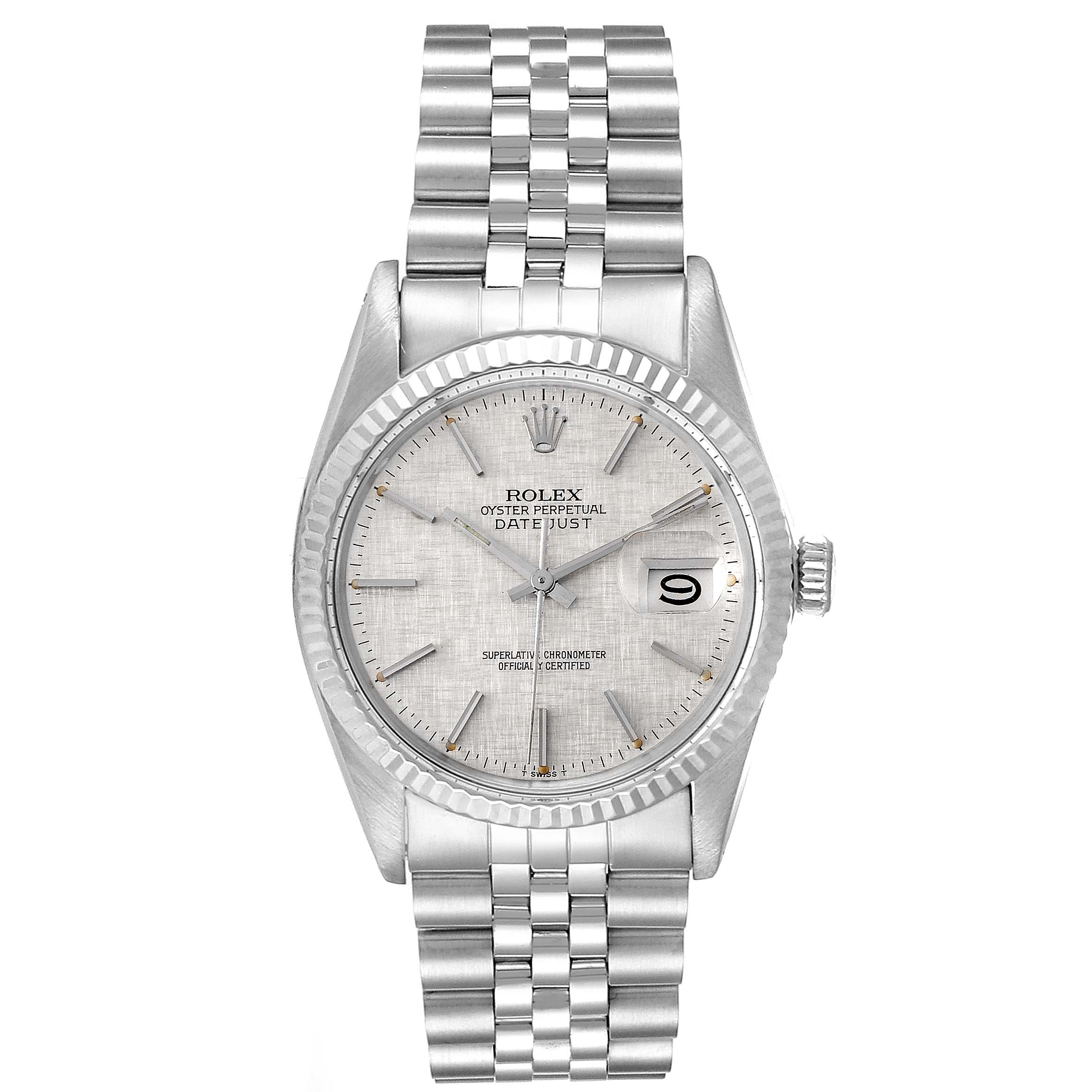 The Rolex Vintage Collection 16014 Men
s Stainless Steel Silver Dial 16014 Men
s Stainless Steel Silver Dial Datejust watch is shown from the front, showcasing the dial, bezel, and bracelet.