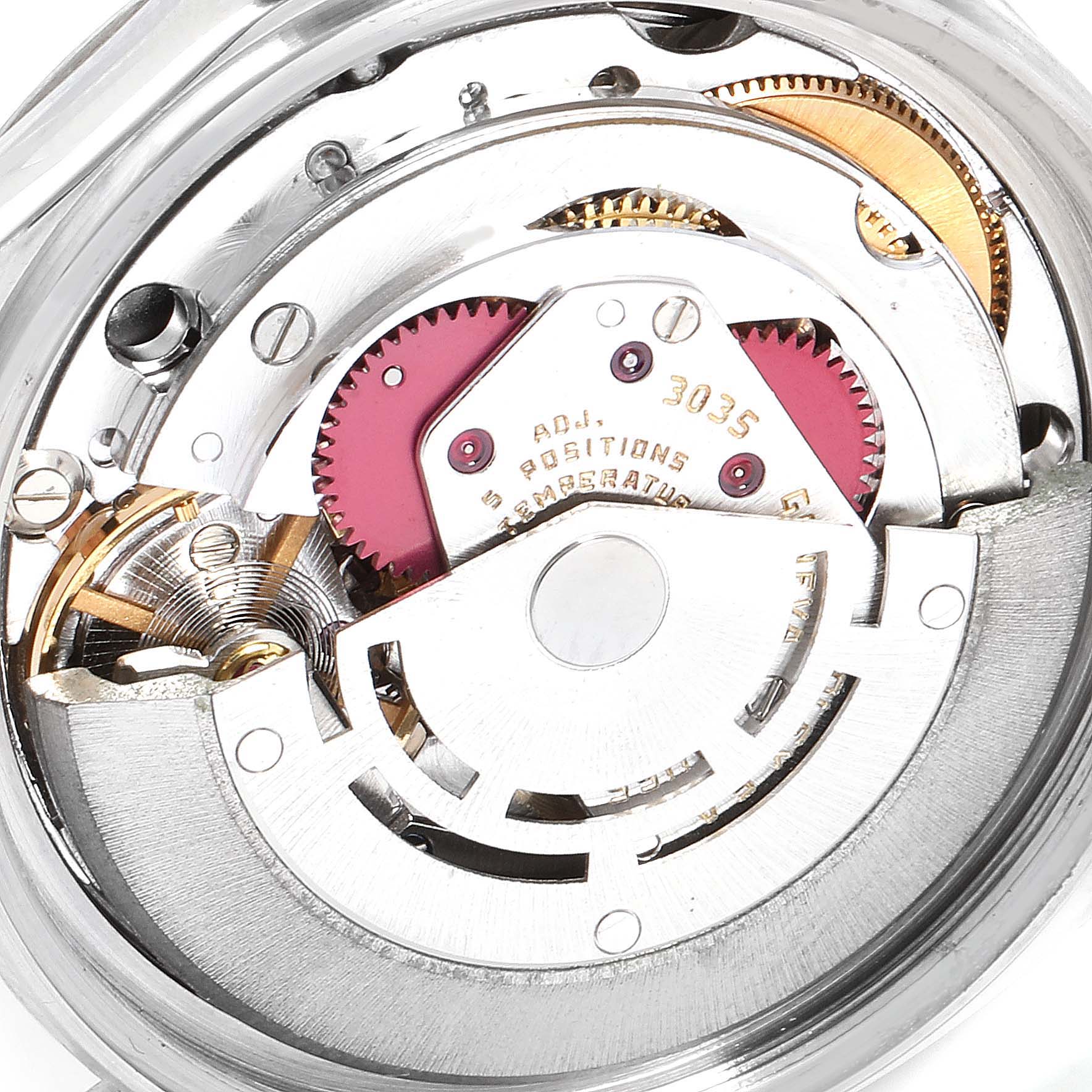 The image shows a close-up view of the inner mechanical components of a Rolex Vintage Collection 16014 Men
s Stainless Steel Silver Dial 16014 Men
s Stainless Steel Silver Dial watch.