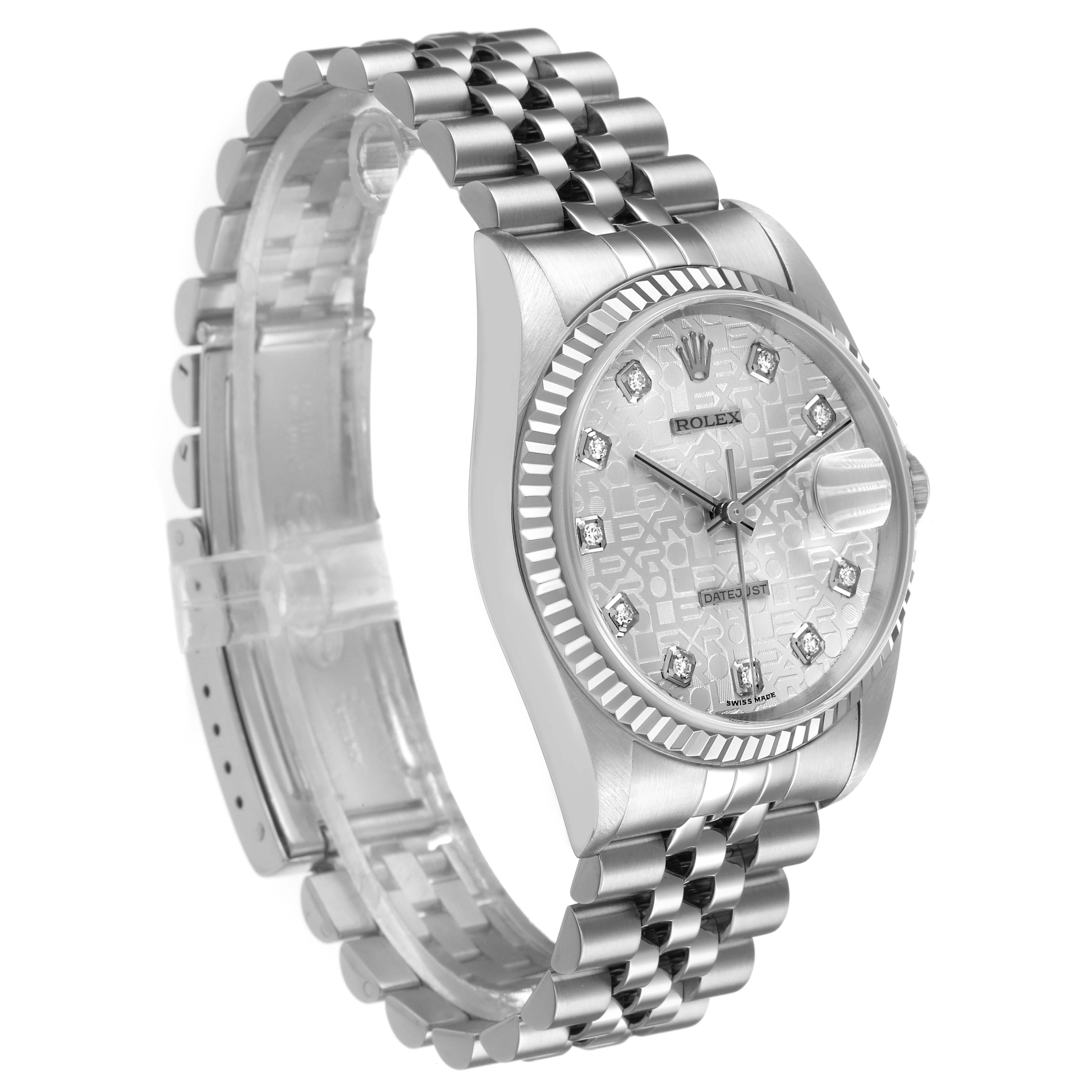 The Rolex Datejust 16234 Men's Stainless Steel Silver Dial watch is shown at a three-quarter angle, highlighting the face, bezel, and bracelet.