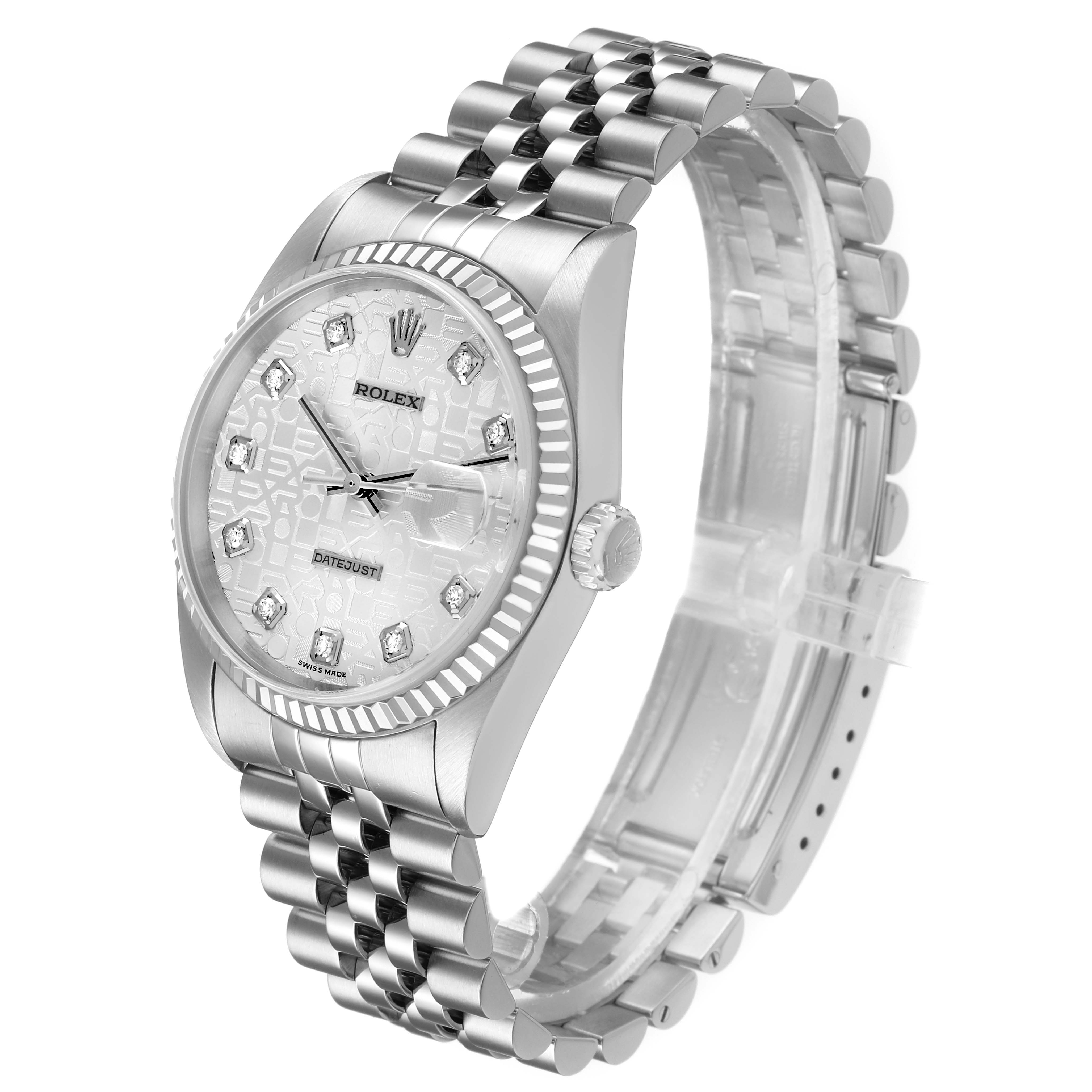 The Rolex Datejust 16234 Men's Stainless Steel Silver Dial watch is shown at a slightly angled side view, highlighting the dial, bezel, crown, and Jubilee bracelet.