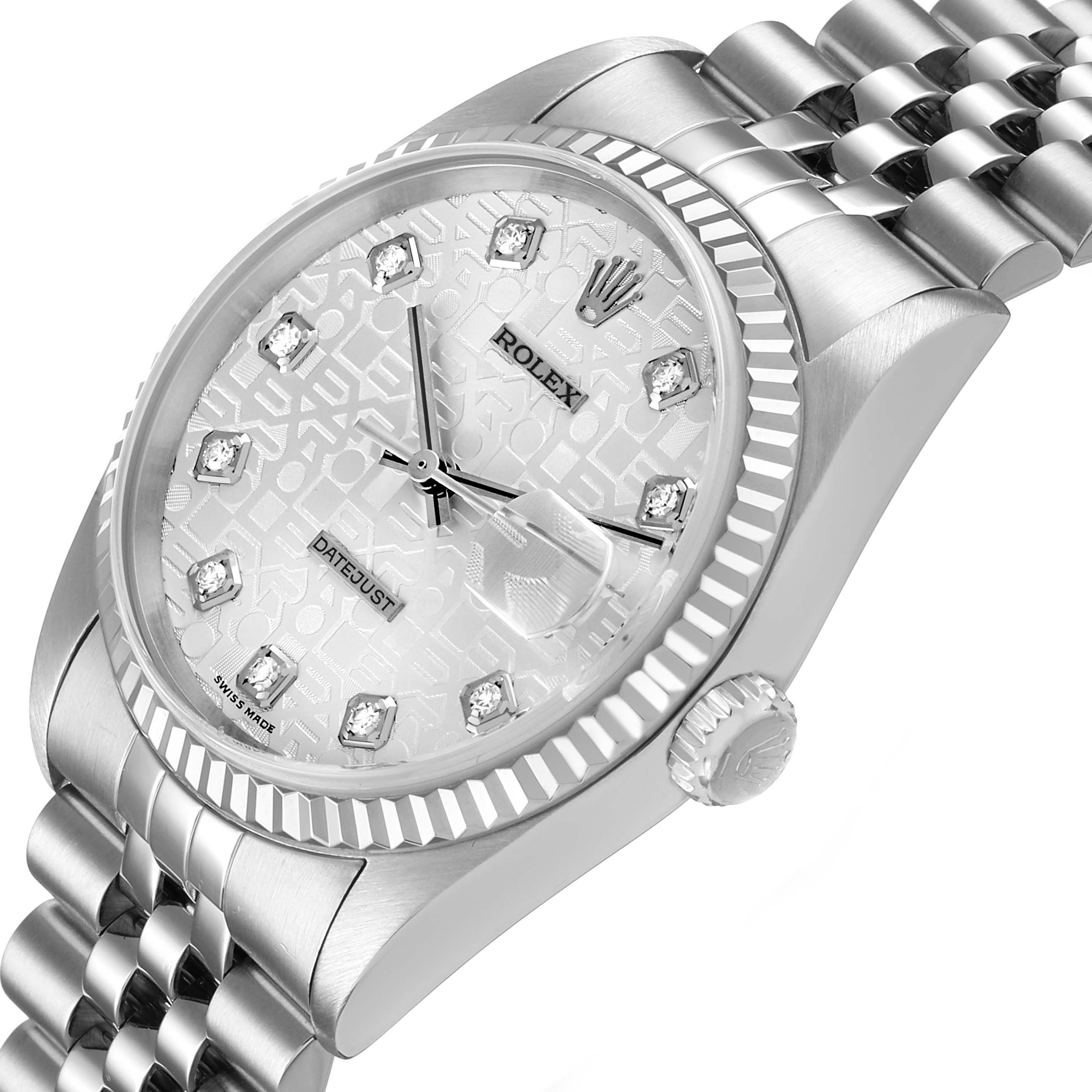 The Rolex Datejust 16234 Men's Stainless Steel Silver Dial is shown in a three-quarter angled view, highlighting the dial, bezel, crown, and bracelet.
