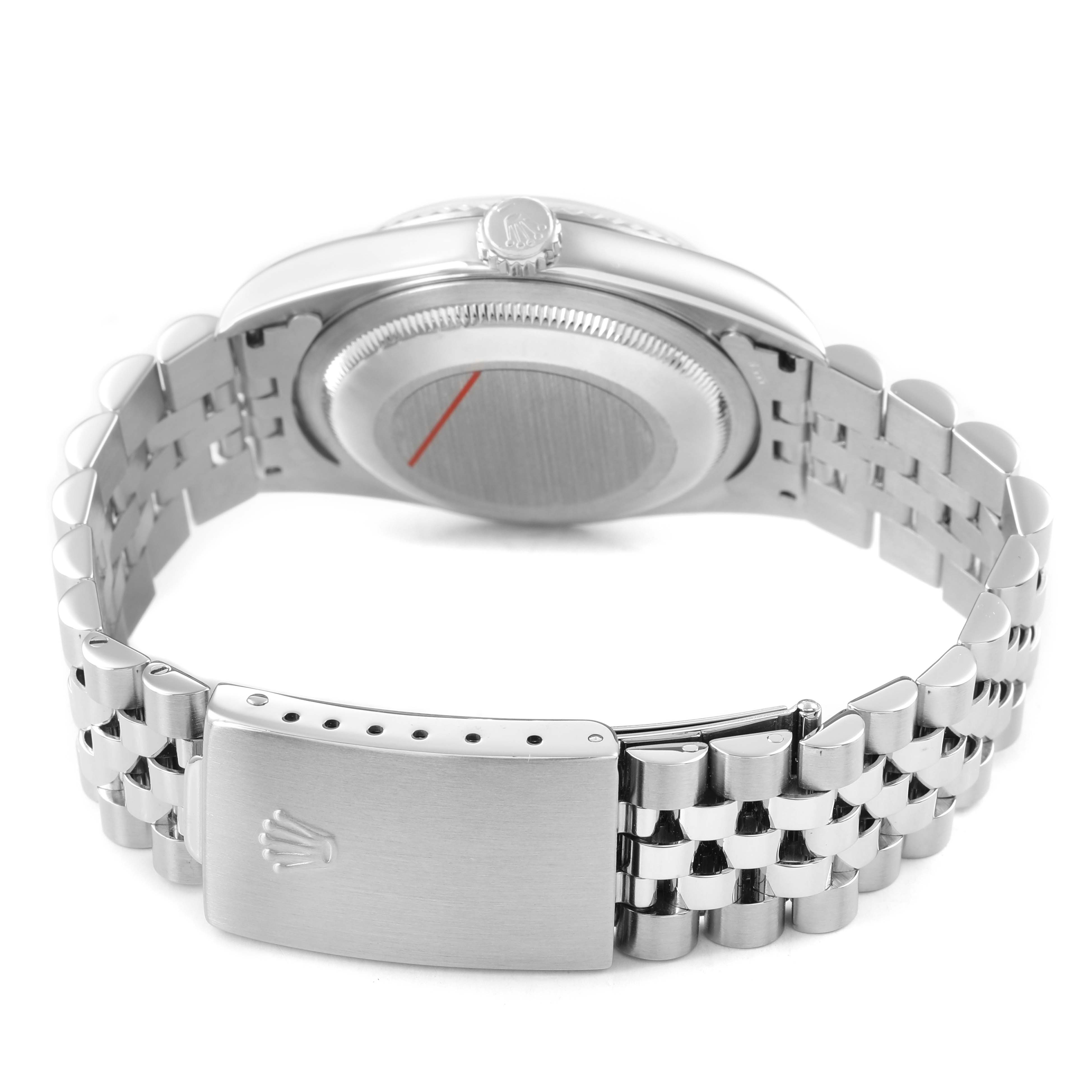 The image shows the back view of a Rolex Datejust 16234 Men's Stainless Steel Silver Dial watch, highlighting the clasp and bracelet.