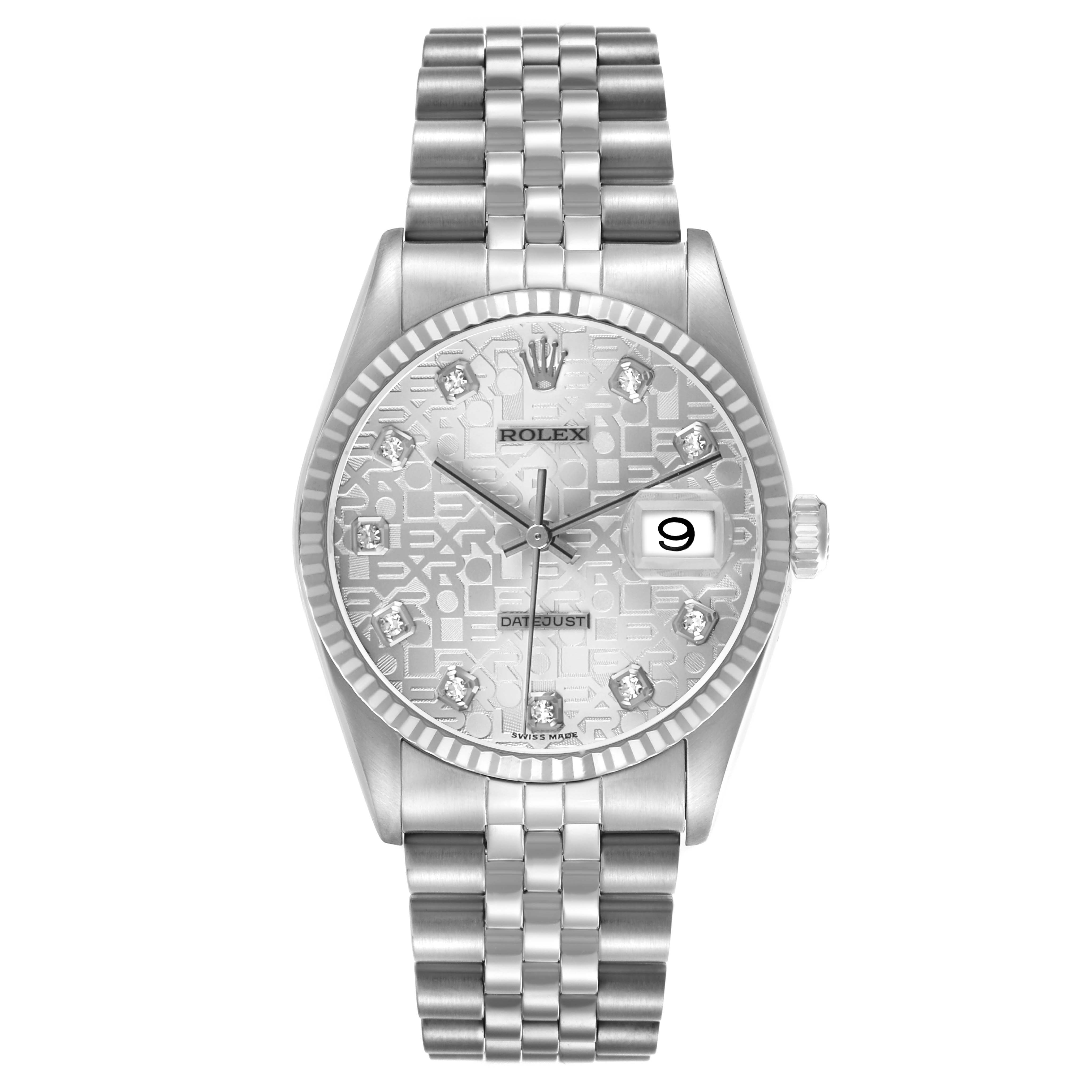The image shows a frontal view of the Rolex Datejust 16234 Men's Stainless Steel Silver Dial watch, highlighting its dial, bezel, bracelet, and date display.