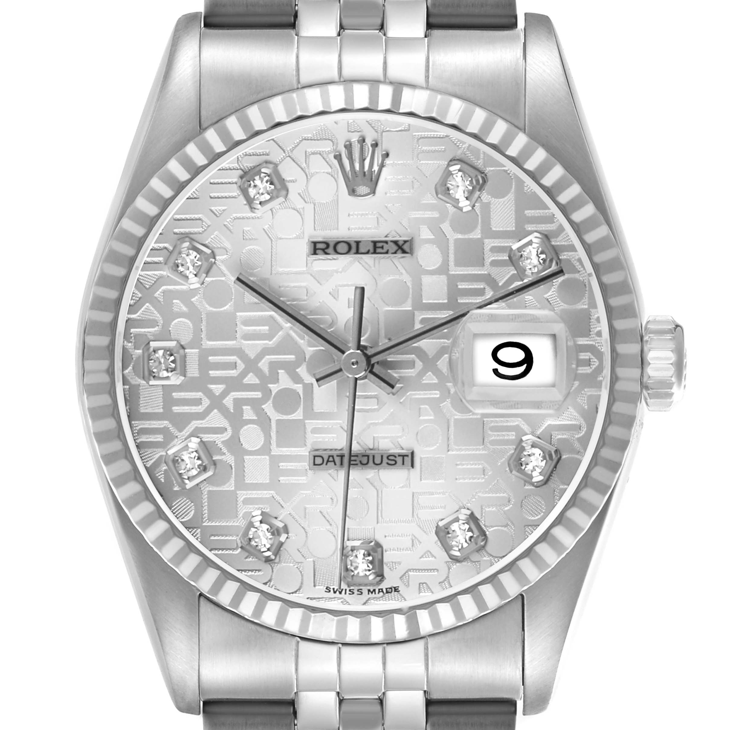 The Rolex Datejust 16234 Men's Stainless Steel Silver Dial watch is shown from the front, highlighting its dial, fluted bezel, and bracelet.