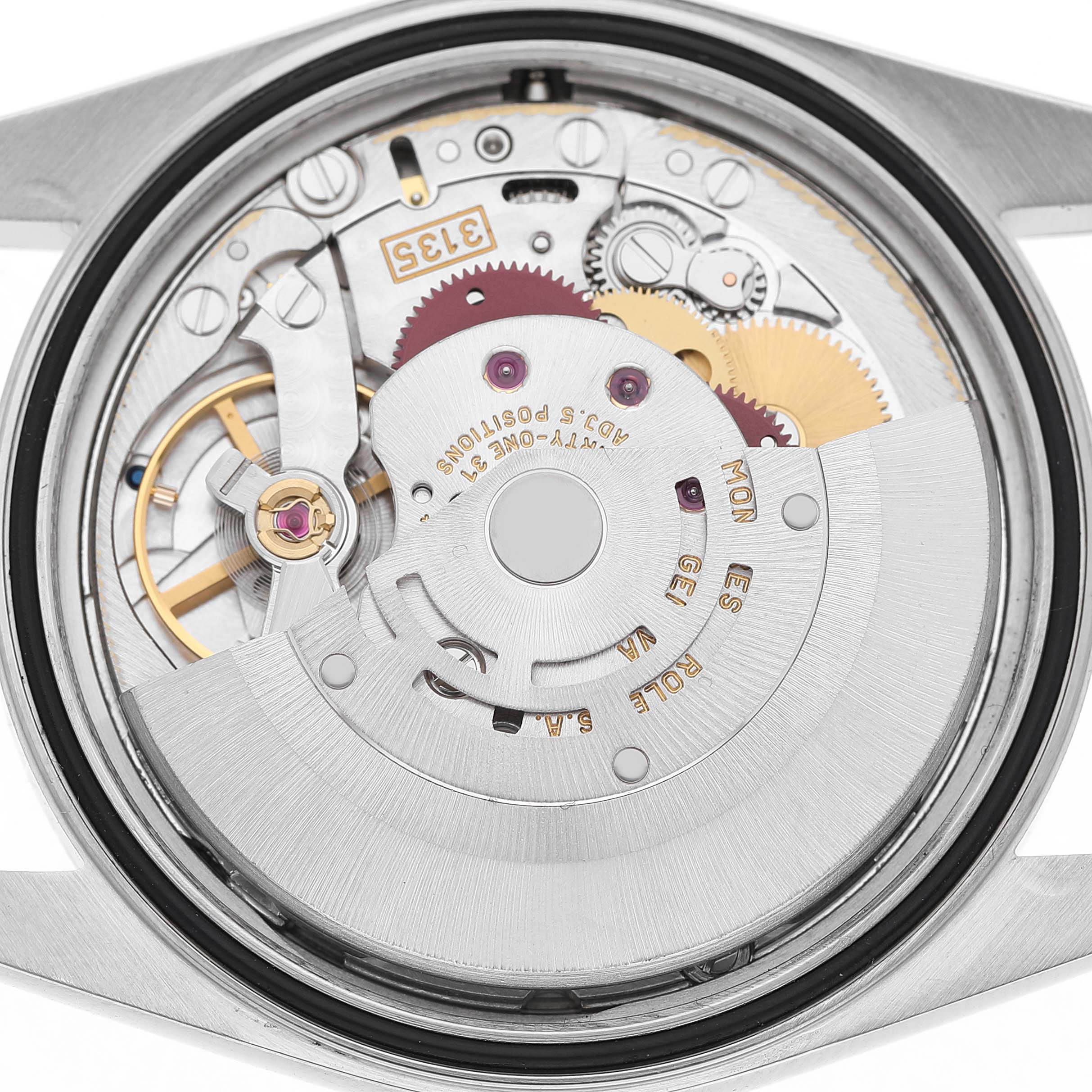 The image shows the movement and internal mechanism of a Rolex Datejust 16234 Men's Stainless Steel Silver Dial watch from a rear angle.