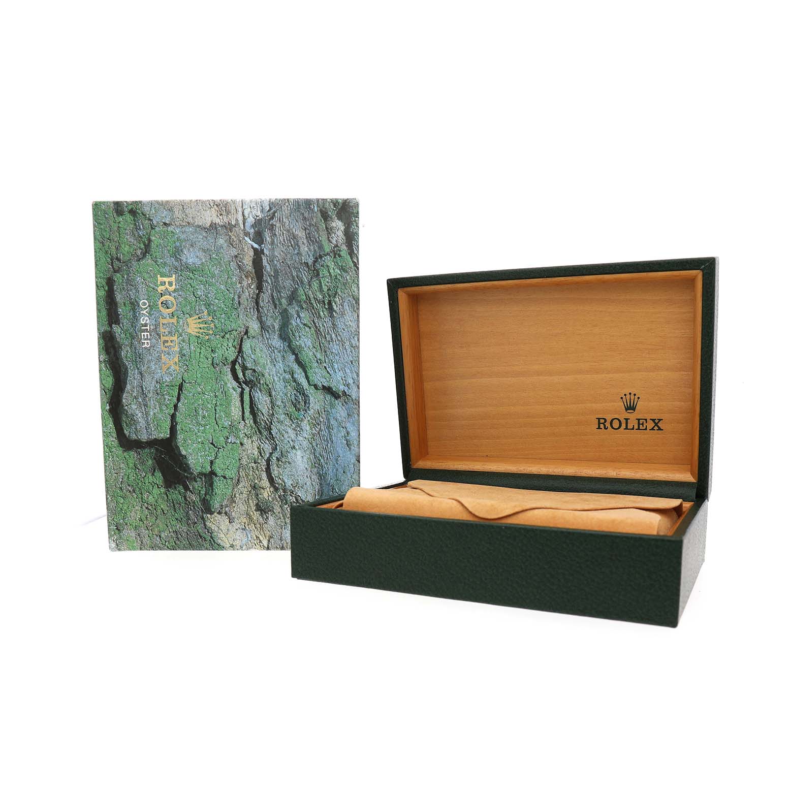 The image shows the open box and outer packaging for a Rolex Datejust 16234 Men's Stainless Steel Silver Dial watch, displayed from a front angle.