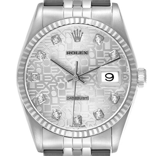 The Rolex Datejust 16234 Men's Stainless Steel Silver Dial watch is shown from a front view highlighting its dial, bezel, crown, and part of the bracelet.