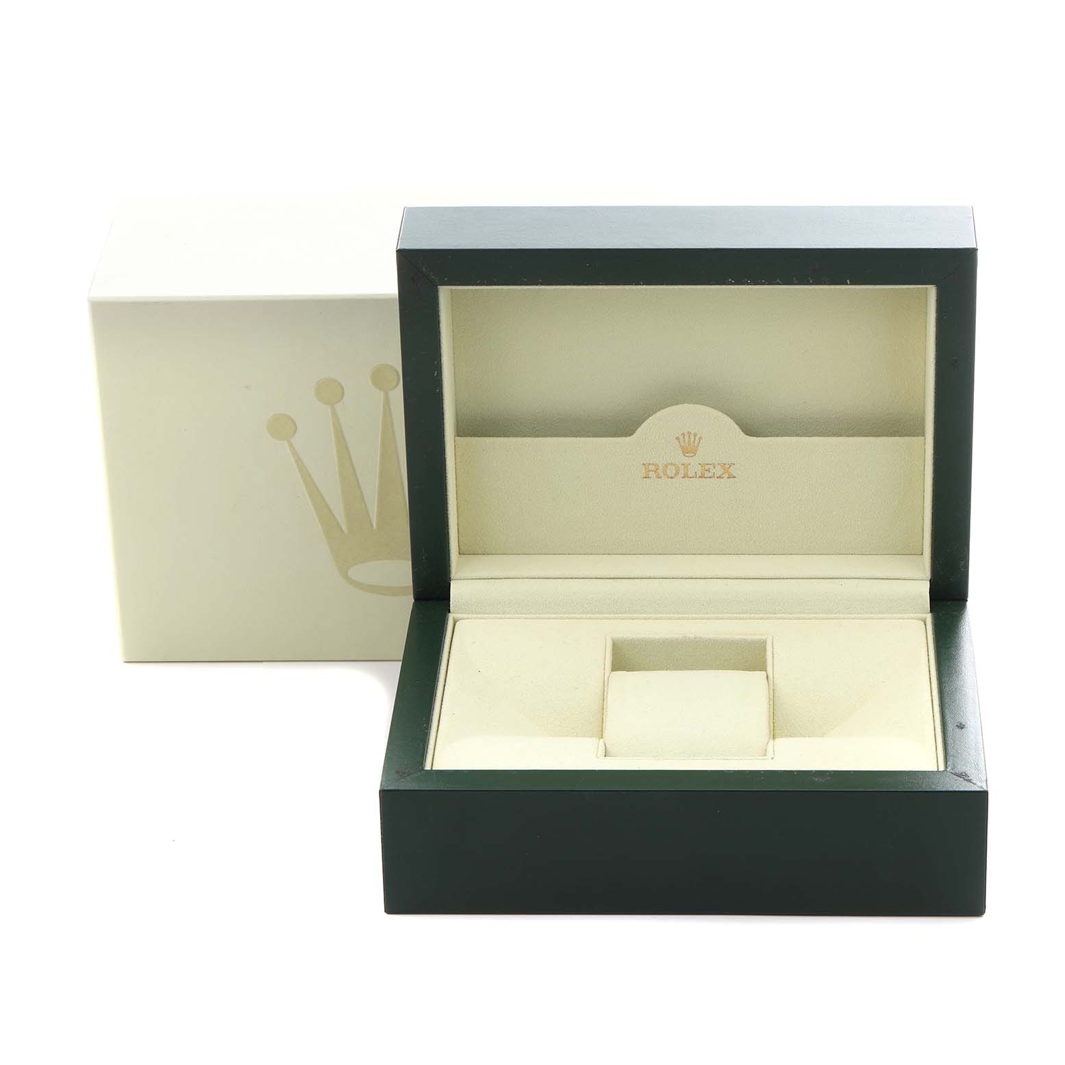 The image shows an open Rolex Datejust 16200 Men's Stainless Steel Silver Dial 16200 Men's Stainless Steel Silver Dial watch box at a straight angle, revealing its cushioned interior for the timepiece.