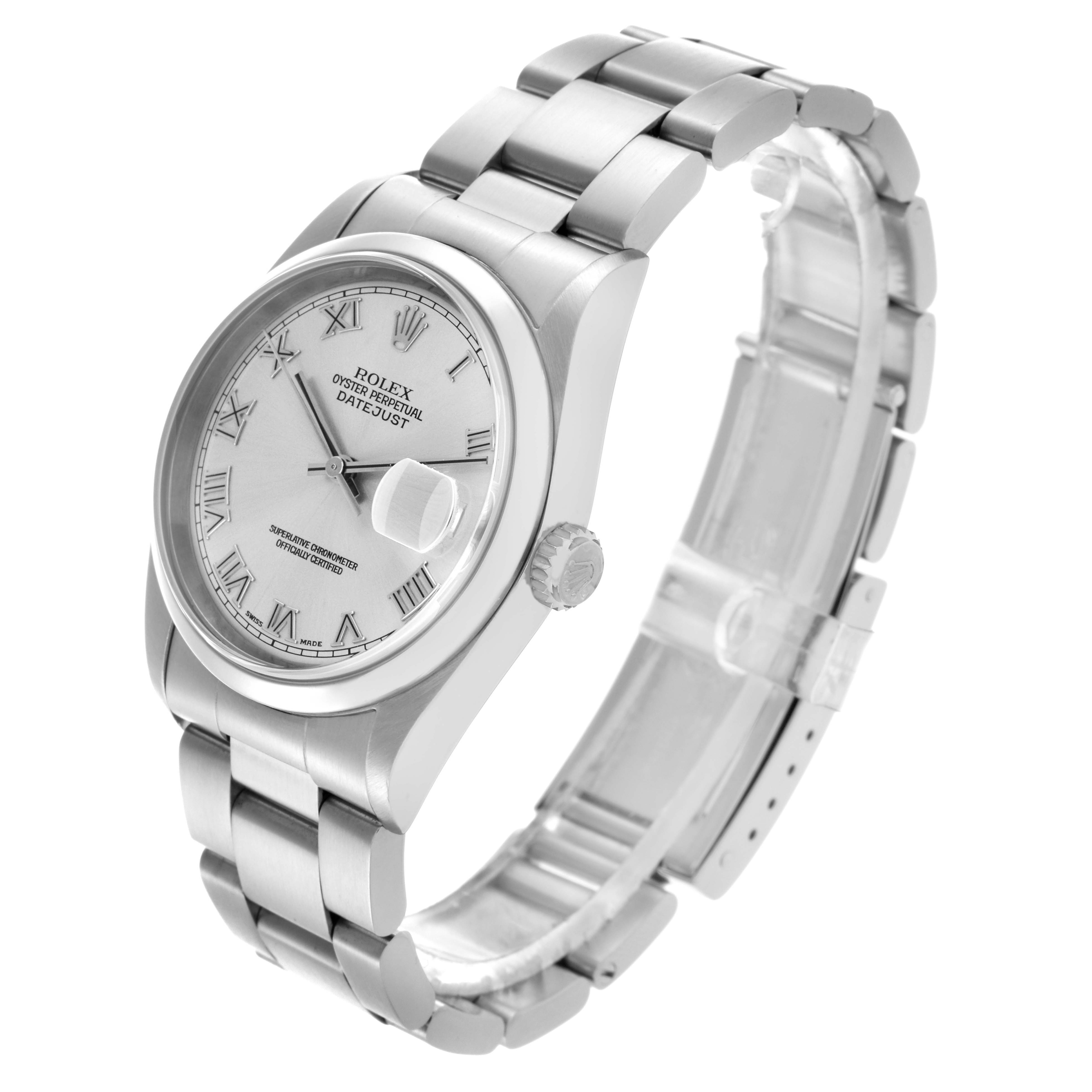 The Rolex Datejust 16200 Men's Stainless Steel Silver Dial 16200 Men's Stainless Steel Silver Dial watch is shown at an angled side view, highlighting the dial, bezel, bracelet, and crown.