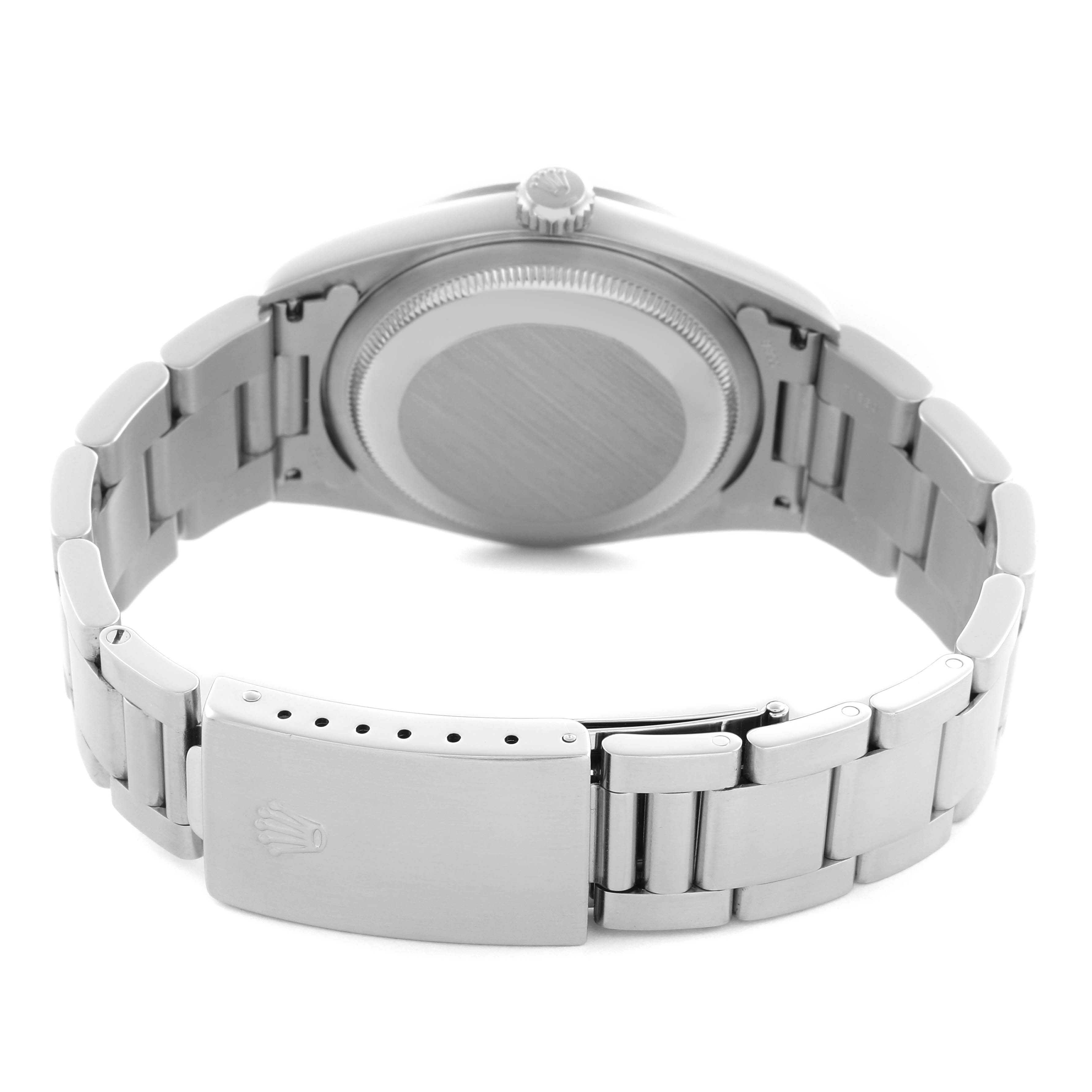 The image shows the back of a Rolex Datejust 16200 Men's Stainless Steel Silver Dial 16200 Men's Stainless Steel Silver Dial watch, featuring the case back, bracelet, and clasp.