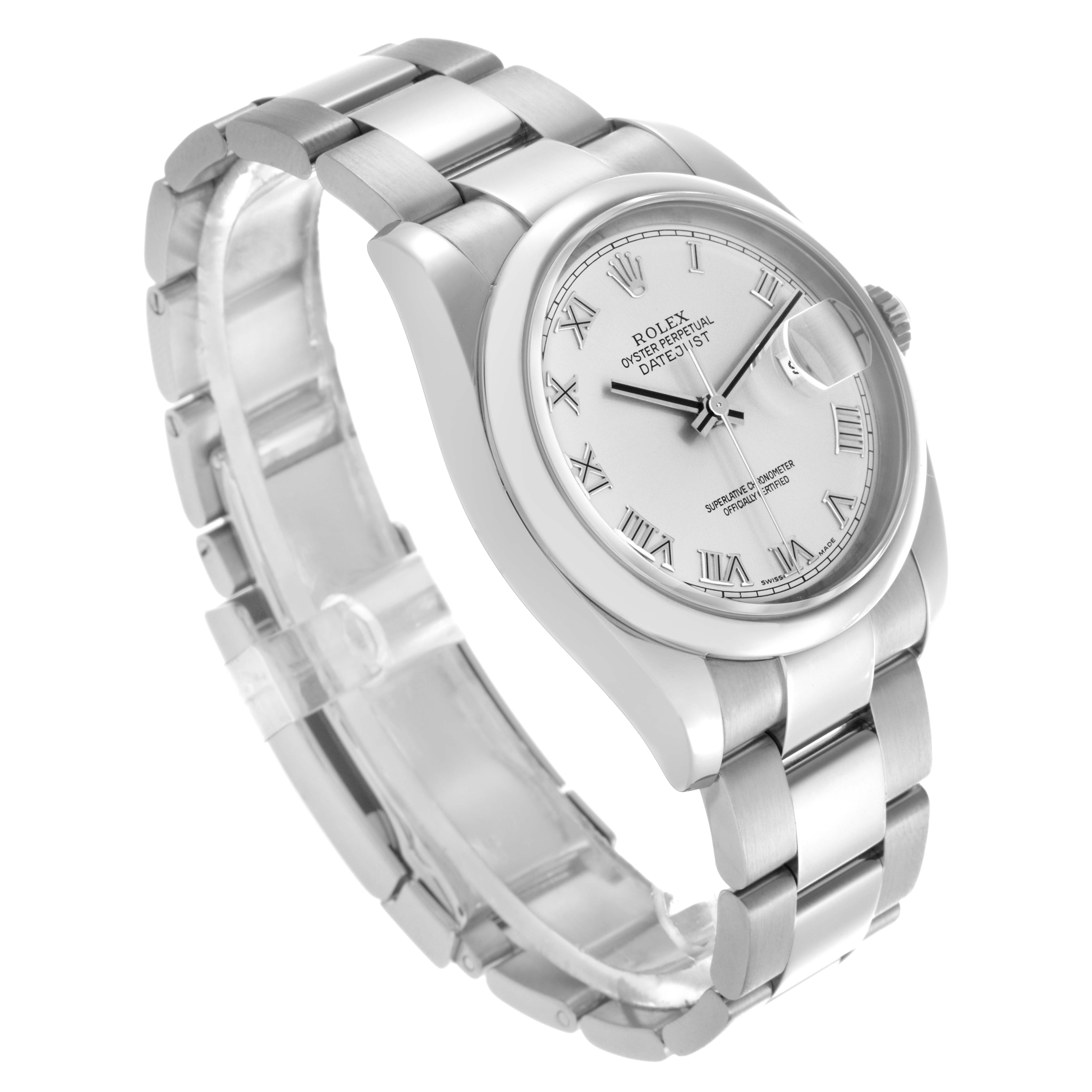 The image shows a Rolex Datejust 116200 Men
s Stainless Steel Silver Dial 116200 Men
s Stainless Steel Silver Dial watch from a diagonal angle, highlighting the face, bezel, and bracelet.