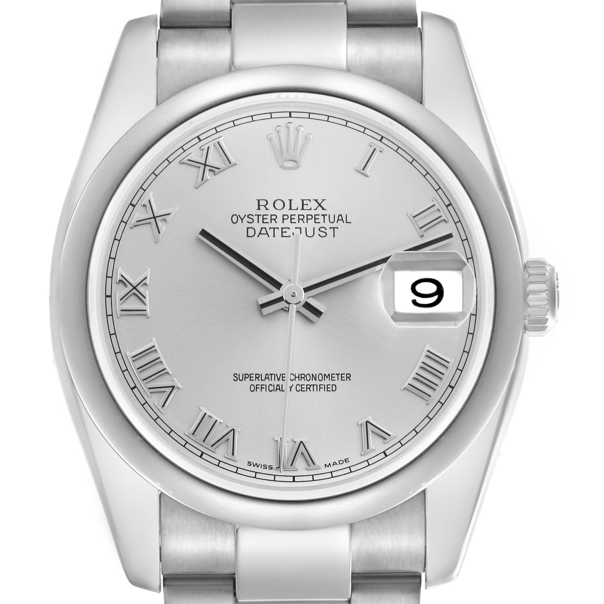 The Rolex Datejust 116200 Men
s Stainless Steel Silver Dial 116200 Men
s Stainless Steel Silver Dial watch is shown from the front, highlighting the dial, hands, date window, and part of the bracelet.
