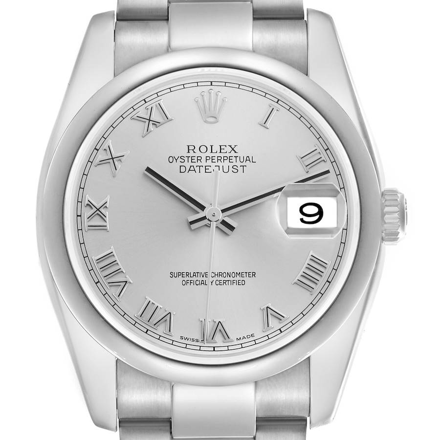 The Rolex Datejust watch is shown from the front, highlighting the dial, hands, date window, and part of the bracelet.