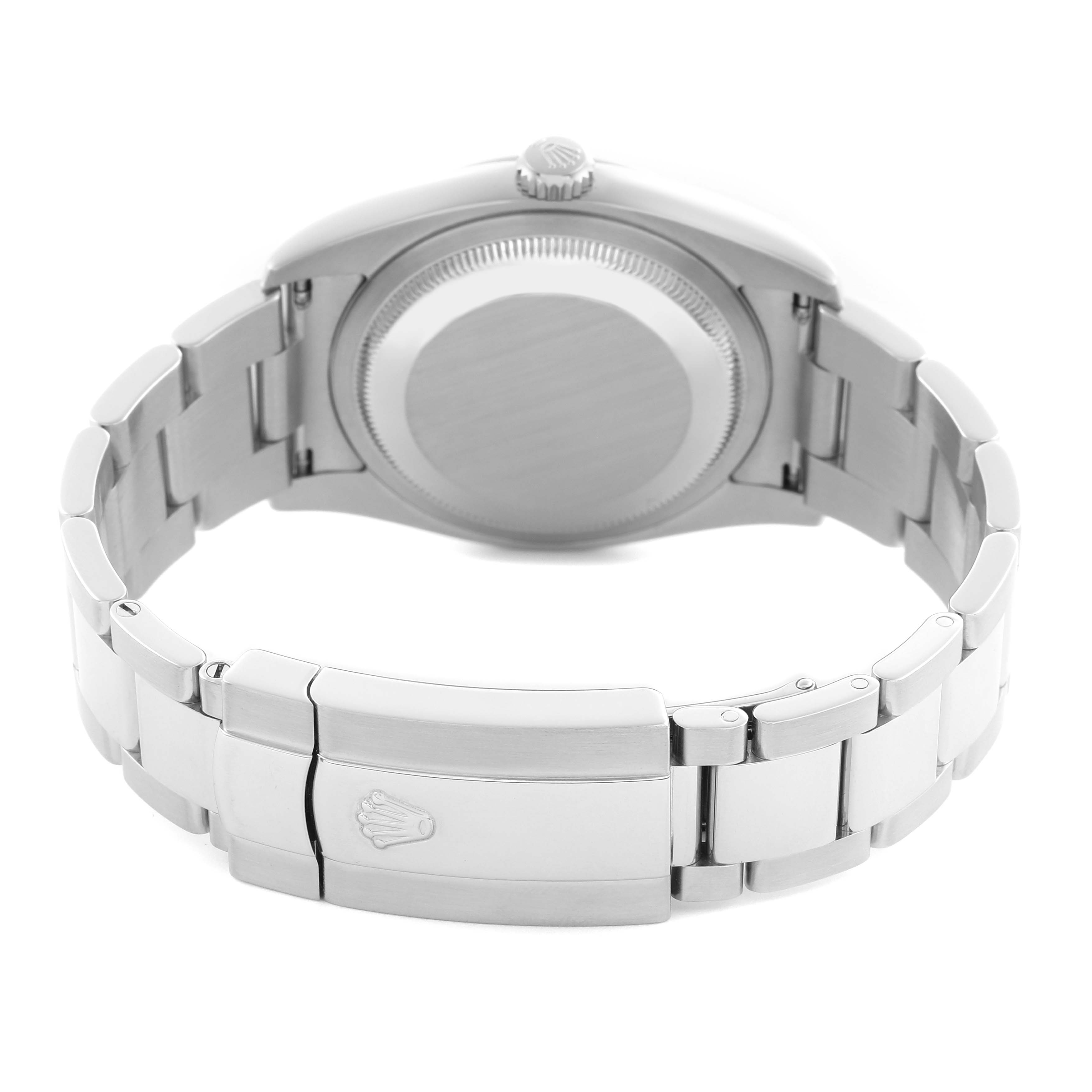 The image shows the back and clasp of a Rolex Datejust 116200 Men
s Stainless Steel Silver Dial 116200 Men
s Stainless Steel Silver Dial, highlighting its bracelet and case back.