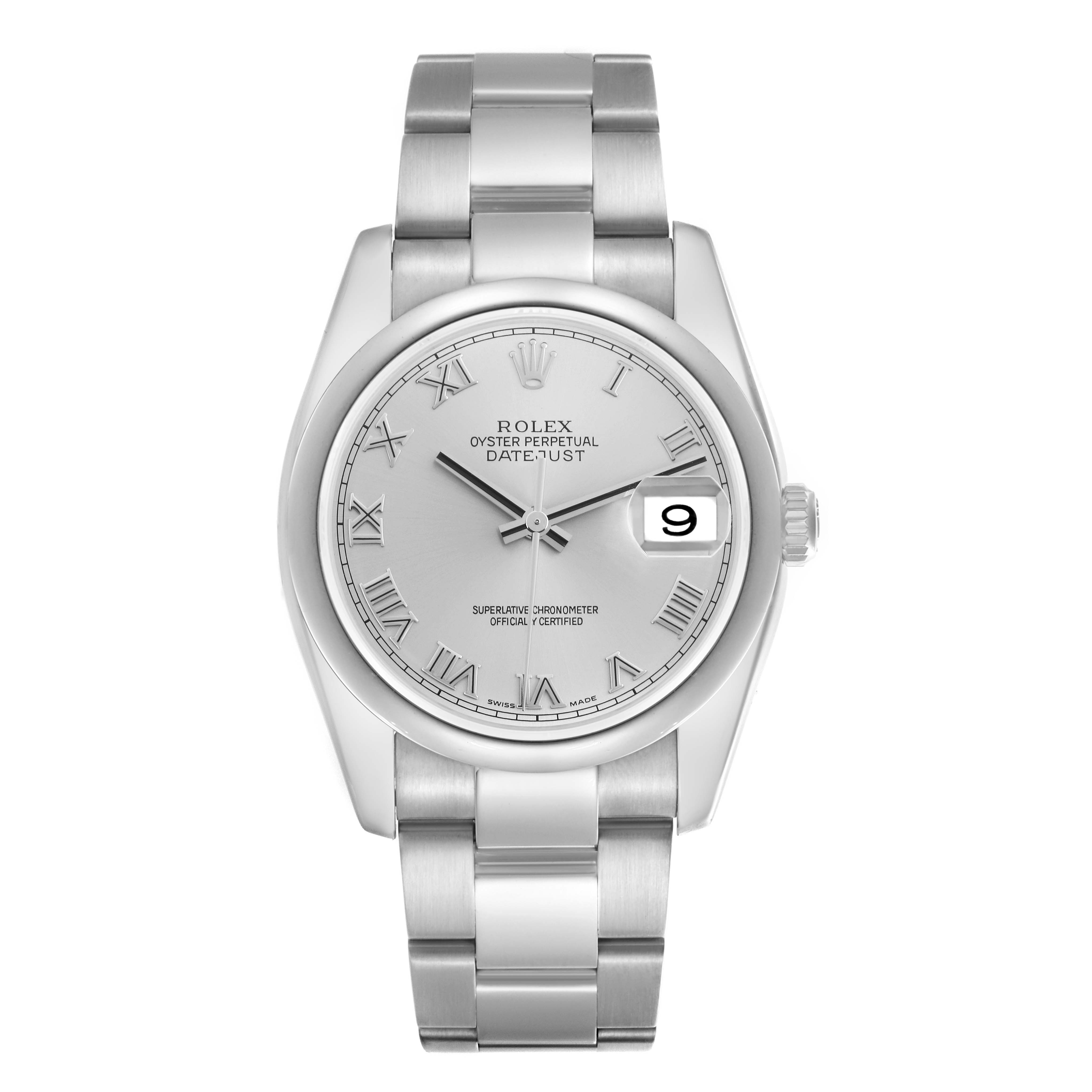 The Rolex Datejust 116200 Men
s Stainless Steel Silver Dial 116200 Men
s Stainless Steel Silver Dial is shown from the front, displaying its silver dial, hands, bracelet, and date magnification.