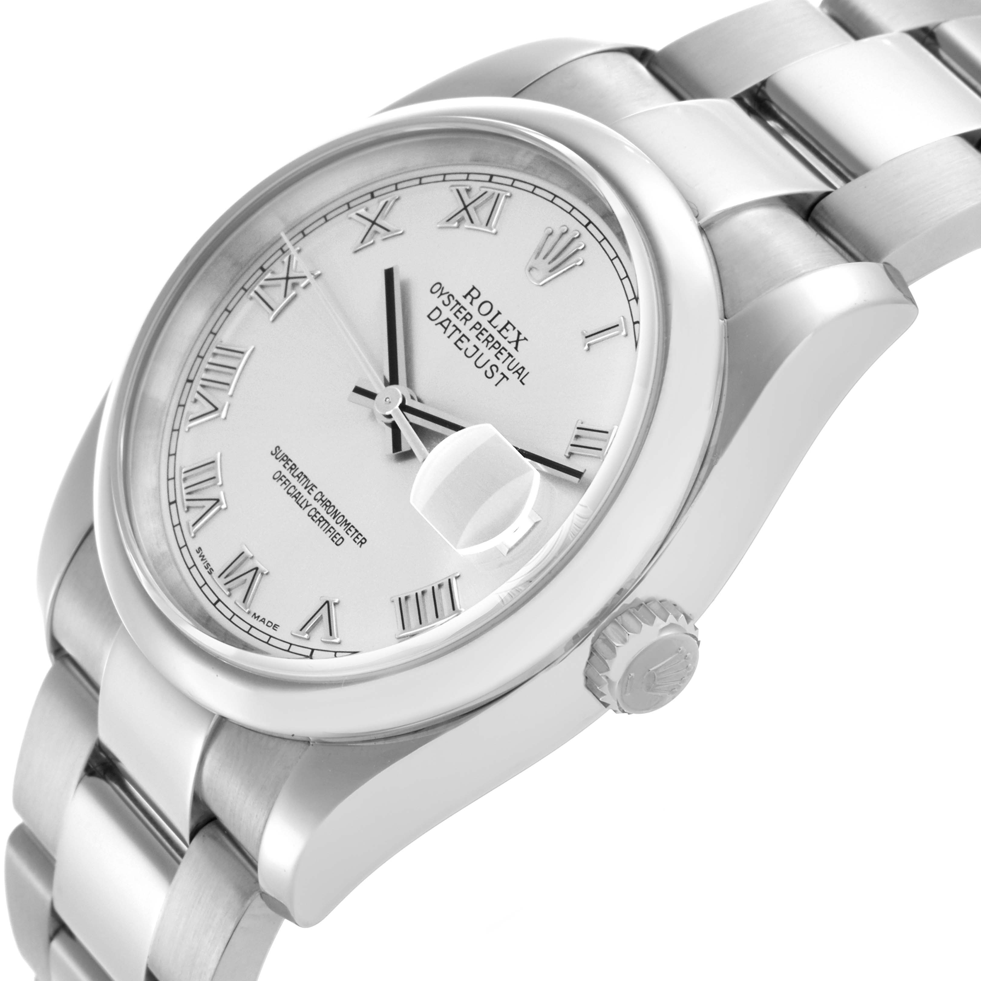 The Rolex Datejust 116200 Men
s Stainless Steel Silver Dial 116200 Men
s Stainless Steel Silver Dial watch is shown at a slight side angle, highlighting the dial, bezel, bracelet, and crown.