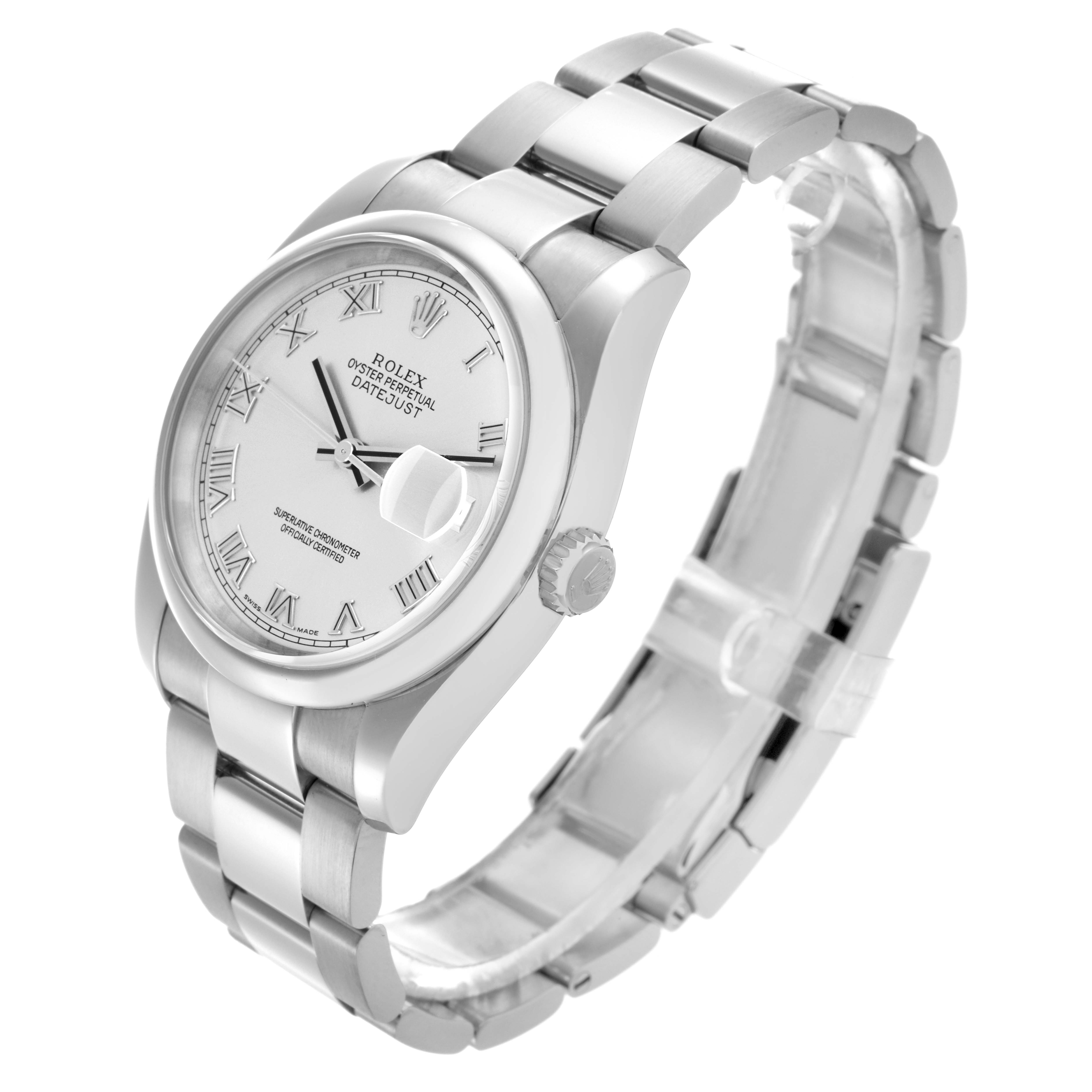 The Rolex Datejust 116200 Men
s Stainless Steel Silver Dial 116200 Men
s Stainless Steel Silver Dial watch is shown from an angled top view, displaying the dial, bezel, crown, and part of the bracelet.