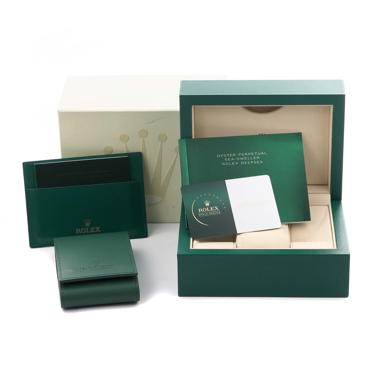 The image shows the packaging and accessories for a Rolex Datejust 116200 Men
s Stainless Steel Silver Dial 116200 Men
s Stainless Steel Silver Dial, including the box, manual, and cardholder.