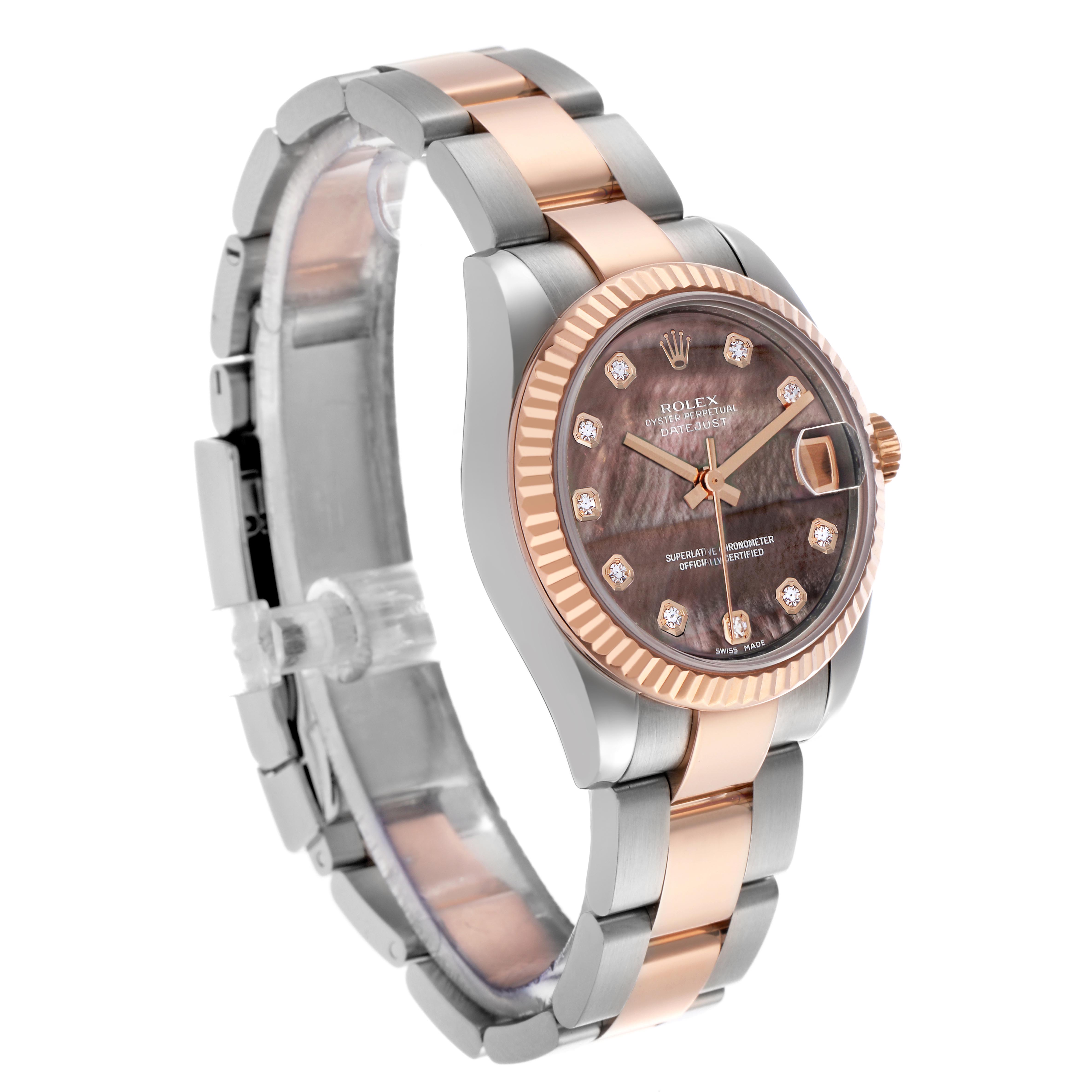 The Rolex Mid-Size 178271 Women's Steel and Gold (two tone) Mother of Pearl Dial 178271 Women's Steel and Gold (two tone) Mother of Pearl Dial watch is shown at a slight angle, displaying the face, bezel, and part of the bracelet.