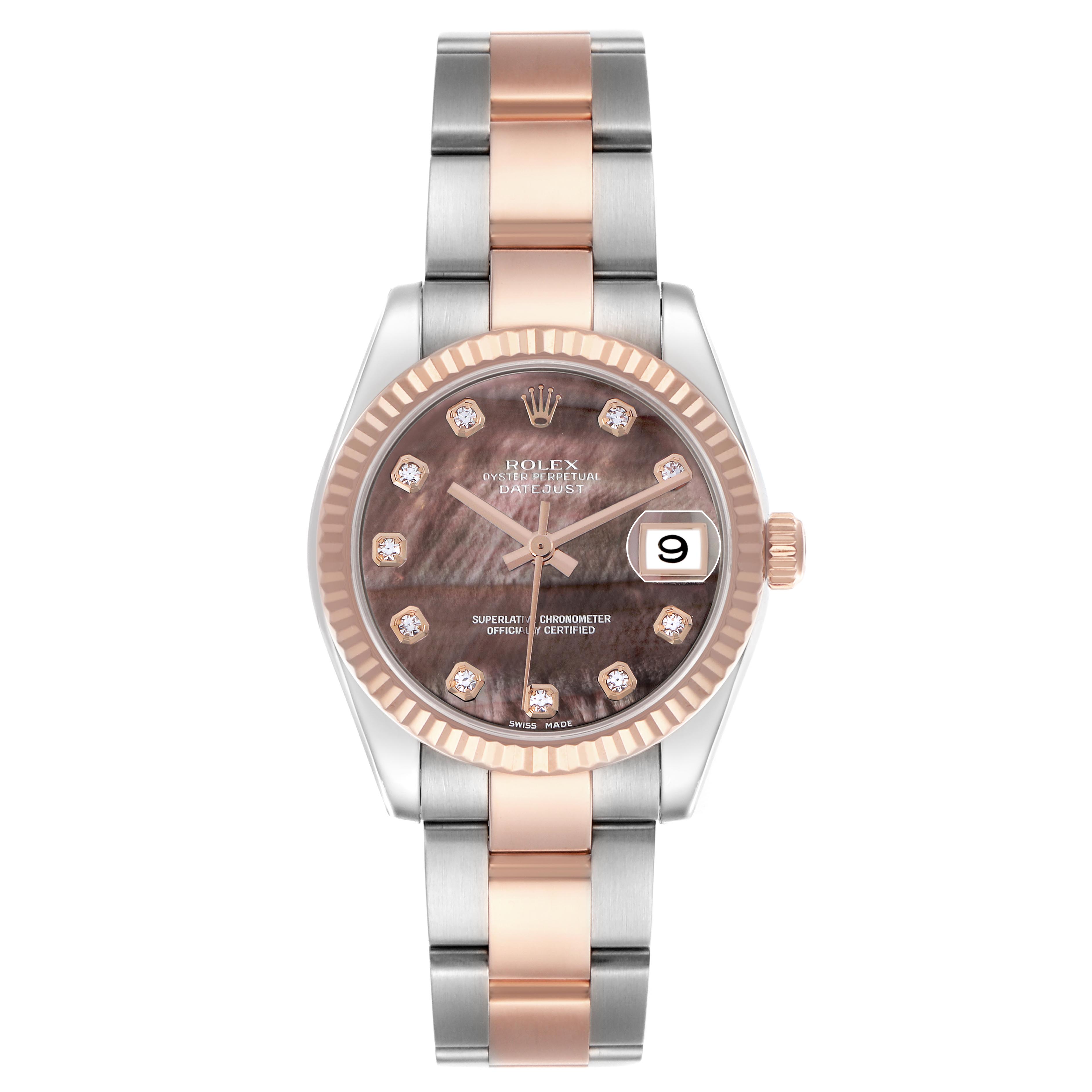 The Rolex Mid-Size 178271 Women's Steel and Gold (two tone) Mother of Pearl Dial 178271 Women's Steel and Gold (two tone) Mother of Pearl Dial watch is shown from a top-down angle, displaying the face, fluted bezel, and two-tone bracelet.