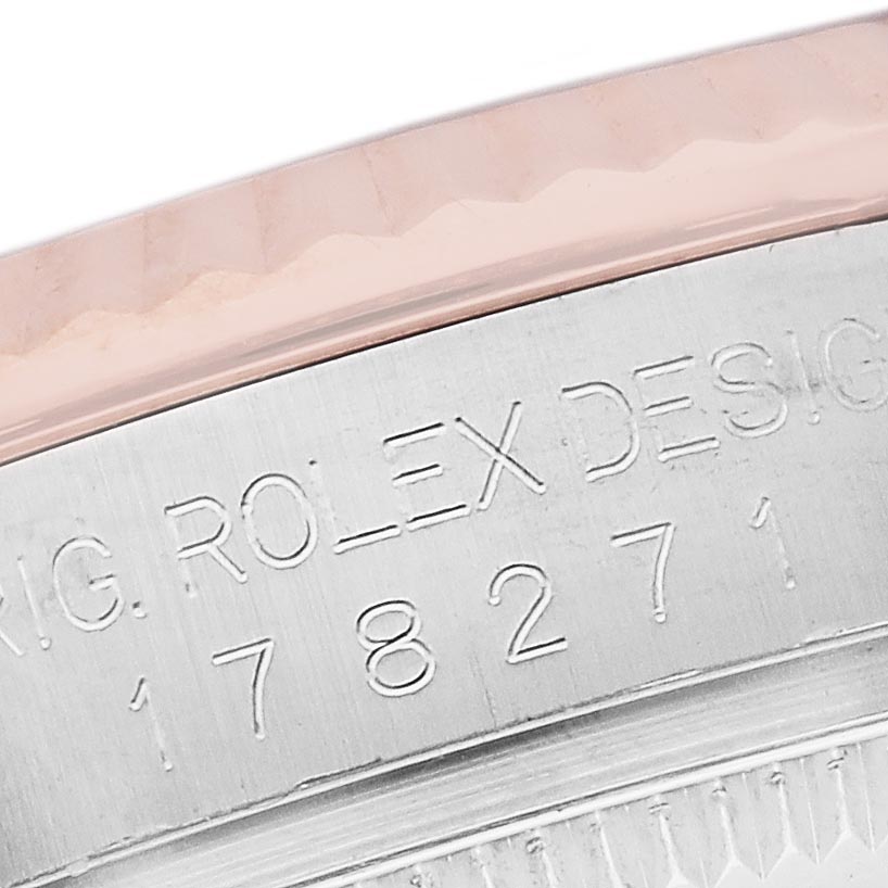 The image shows a detailed close-up of the bezel and case side of a Rolex Mid-Size 178271 Women's Steel and Gold (two tone) Mother of Pearl Dial 178271 Women's Steel and Gold (two tone) Mother of Pearl Dial watch, highlighting the engraved model number.