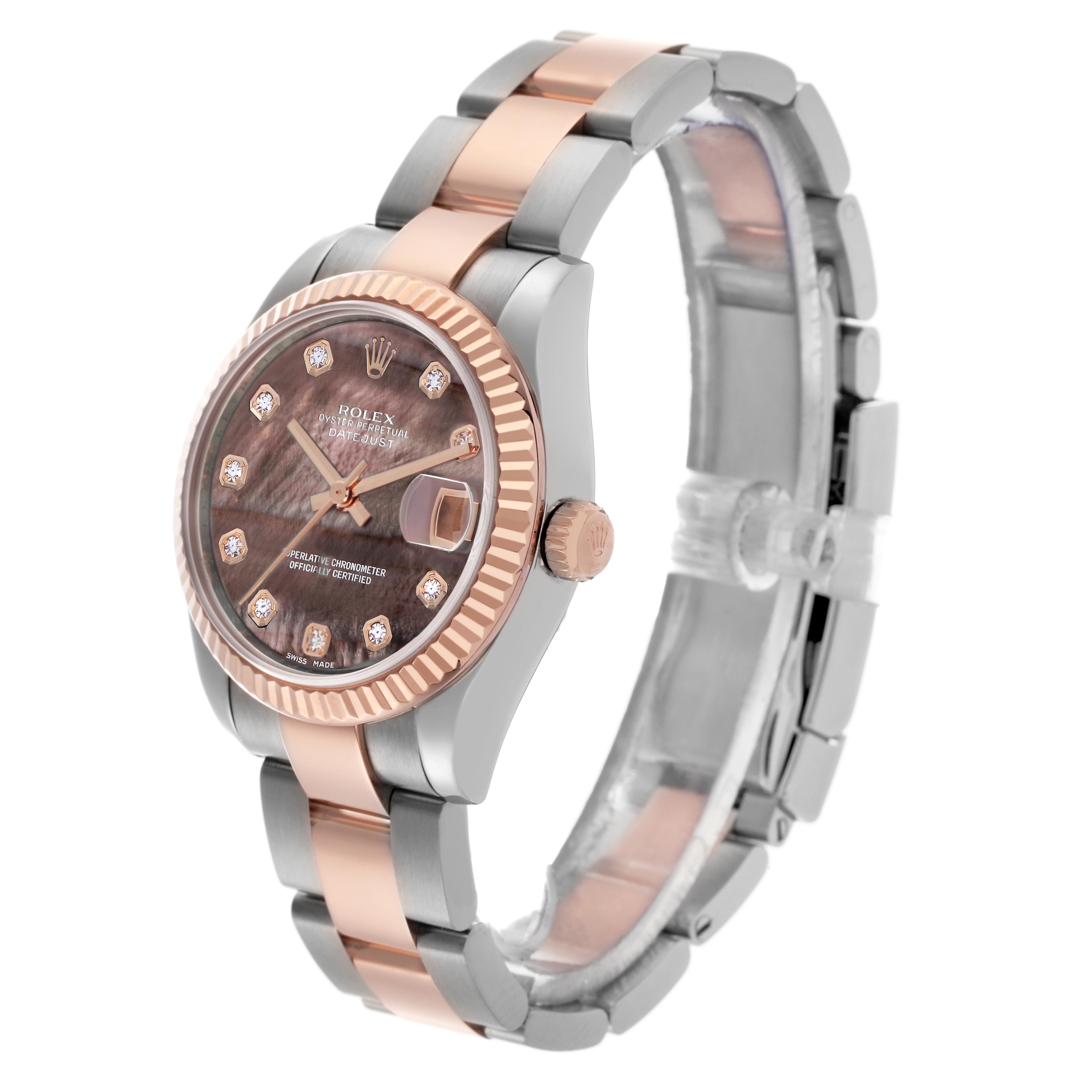 The Rolex Mid-Size 178271 Women's Steel and Gold (two tone) Mother of Pearl Dial 178271 Women's Steel and Gold (two tone) Mother of Pearl Dial watch is shown at an angled side view, displaying the face, bezel, and bracelet.