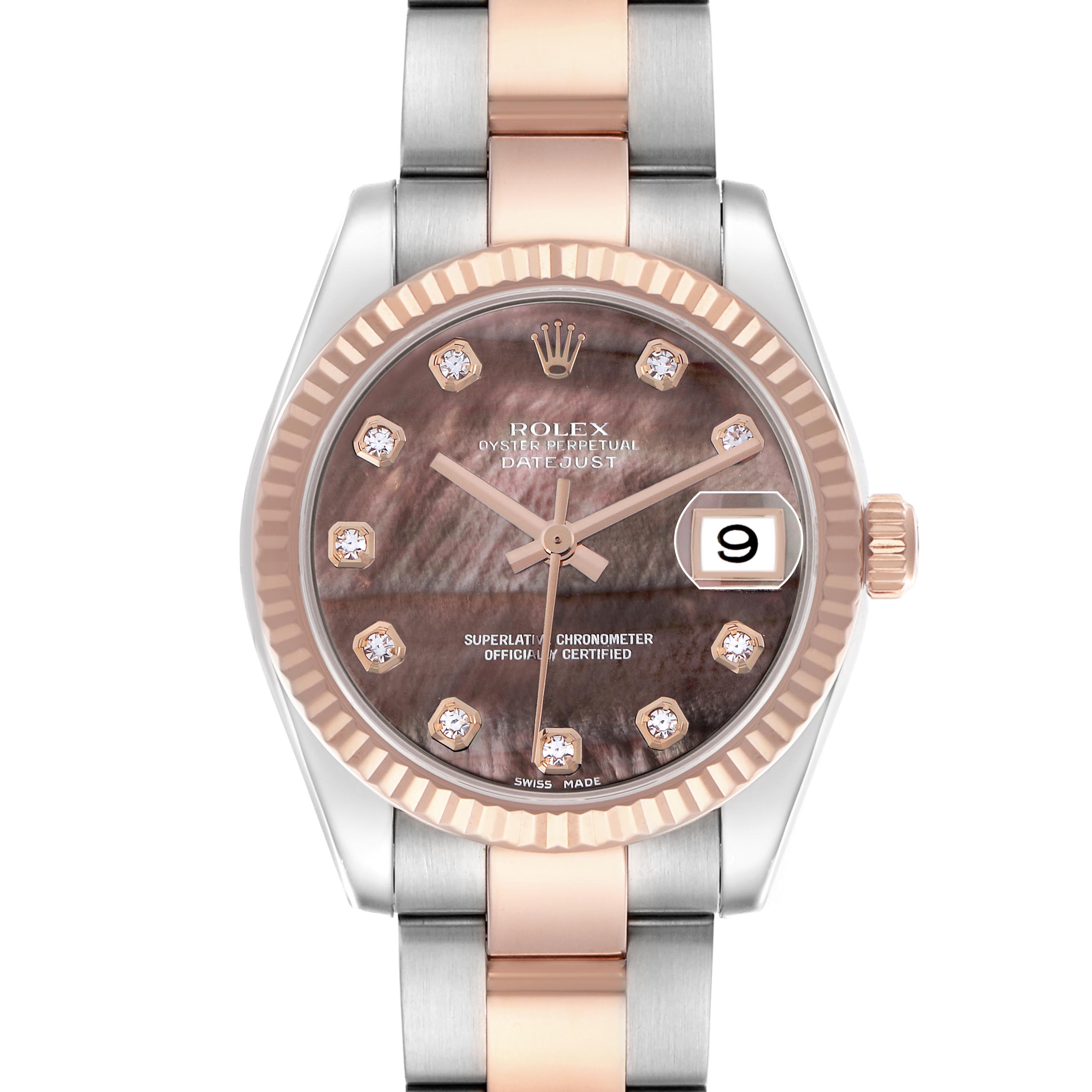 The Rolex Mid-Size 178271 Women's Steel and Gold (two tone) Mother of Pearl Dial 178271 Women's Steel and Gold (two tone) Mother of Pearl Dial watch is shown from the front, highlighting its dial, bezel, and bracelet.
