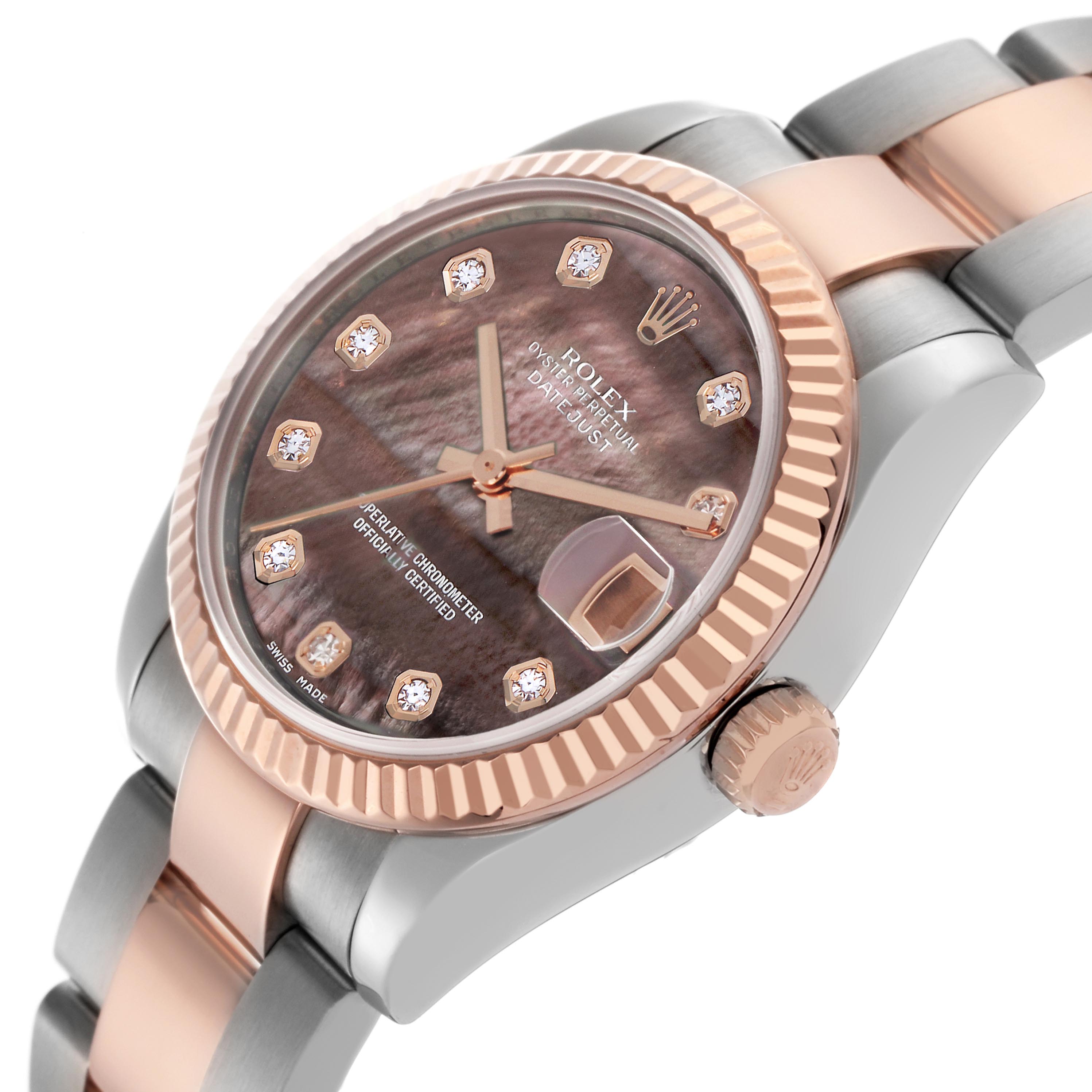The Rolex Mid-Size 178271 Women's Steel and Gold (two tone) Mother of Pearl Dial 178271 Women's Steel and Gold (two tone) Mother of Pearl Dial watch is shown at a slight angle, highlighting its dial, bezel, crown, and part of the bracelet.