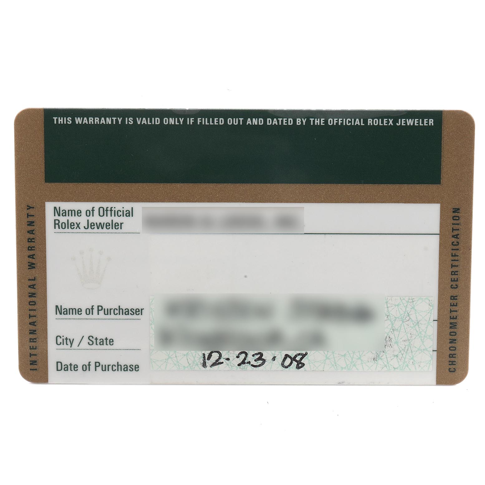 This image shows the warranty card for a Rolex Mid-Size 178271 Women's Steel and Gold (two tone) Mother of Pearl Dial 178271 Women's Steel and Gold (two tone) Mother of Pearl Dial model, displaying purchase details and certification information.