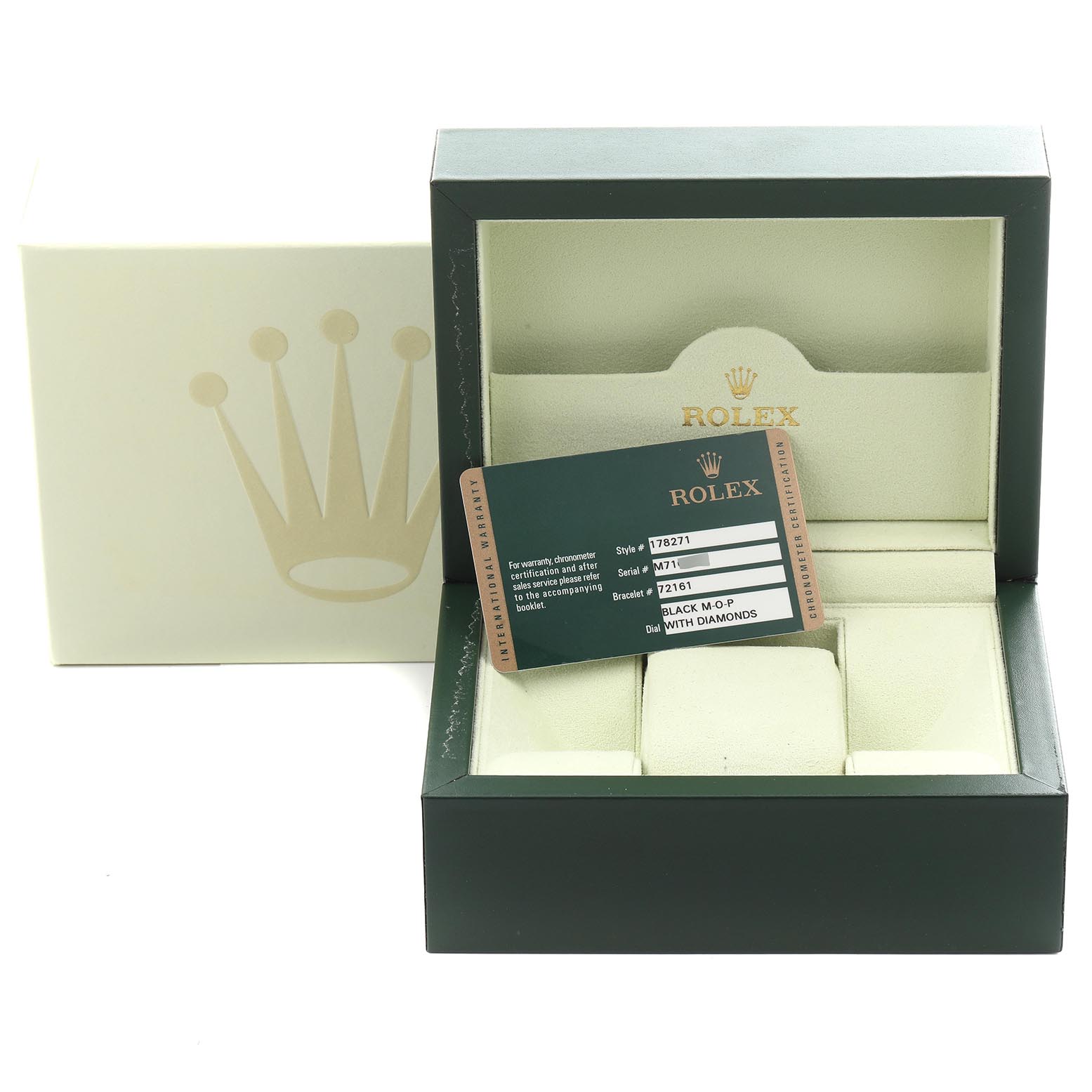 The image shows an open Rolex watch box with a warranty card placed inside, with both positioned at an eye-level angle.