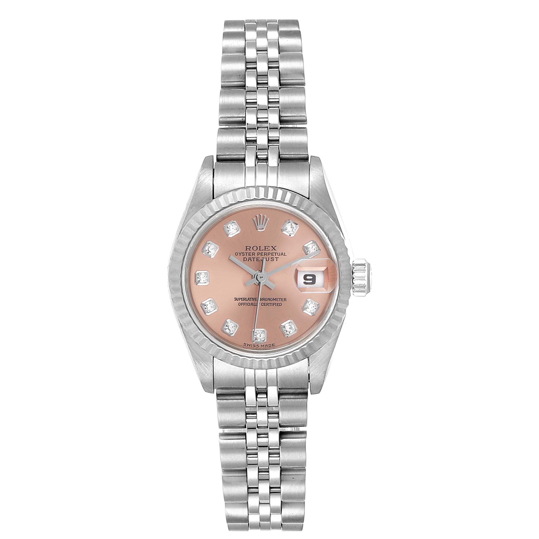 This image shows a front view of a Rolex Datejust 79174 Women
s Stainless Steel Pink Dial 79174 Women
s Stainless Steel Pink Dial watch, displaying its face, bezel, and bracelet.