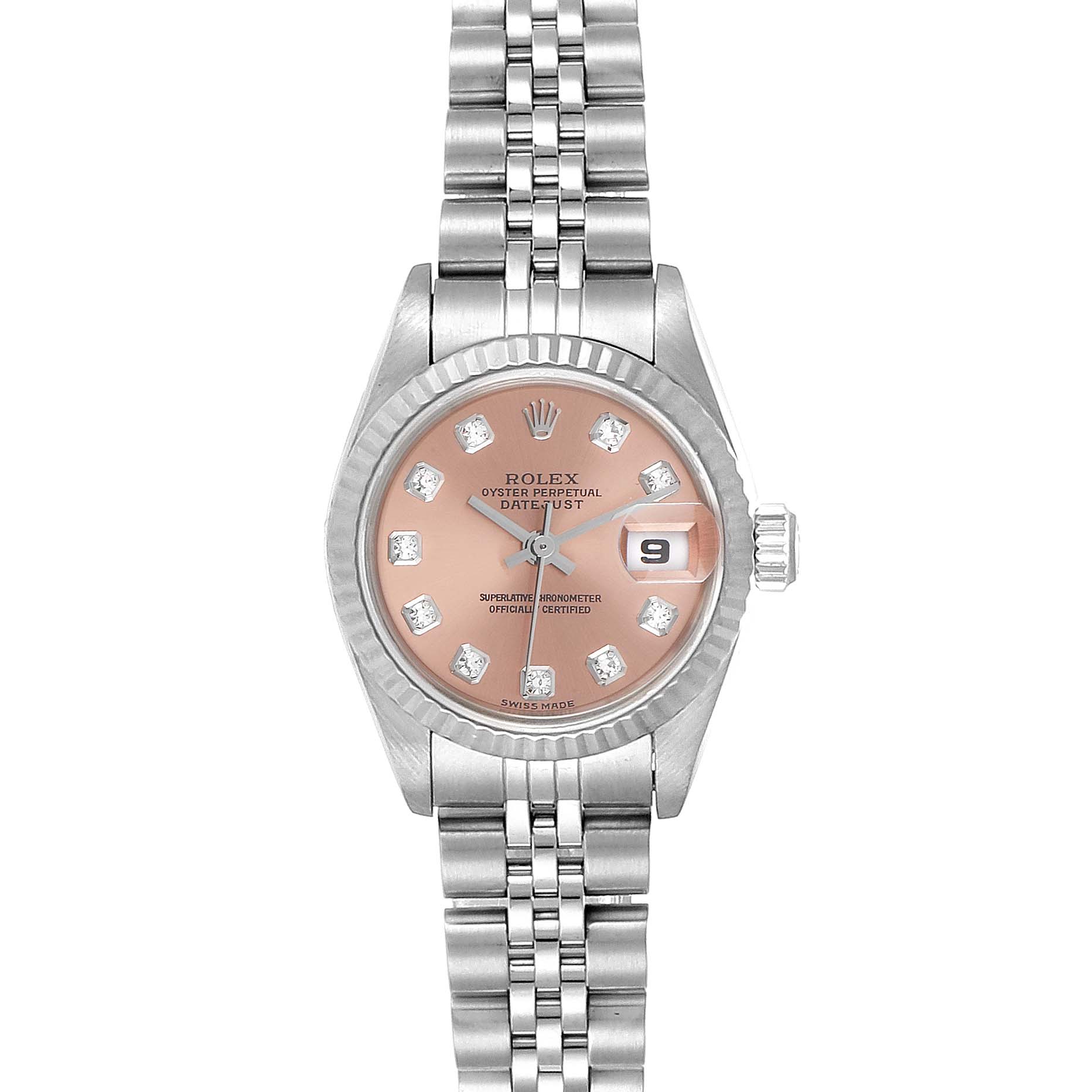 This image shows a frontal view of the Rolex Datejust 79174 Women
s Stainless Steel Pink Dial 79174 Women
s Stainless Steel Pink Dial watch, highlighting the dial, case, and bracelet.
