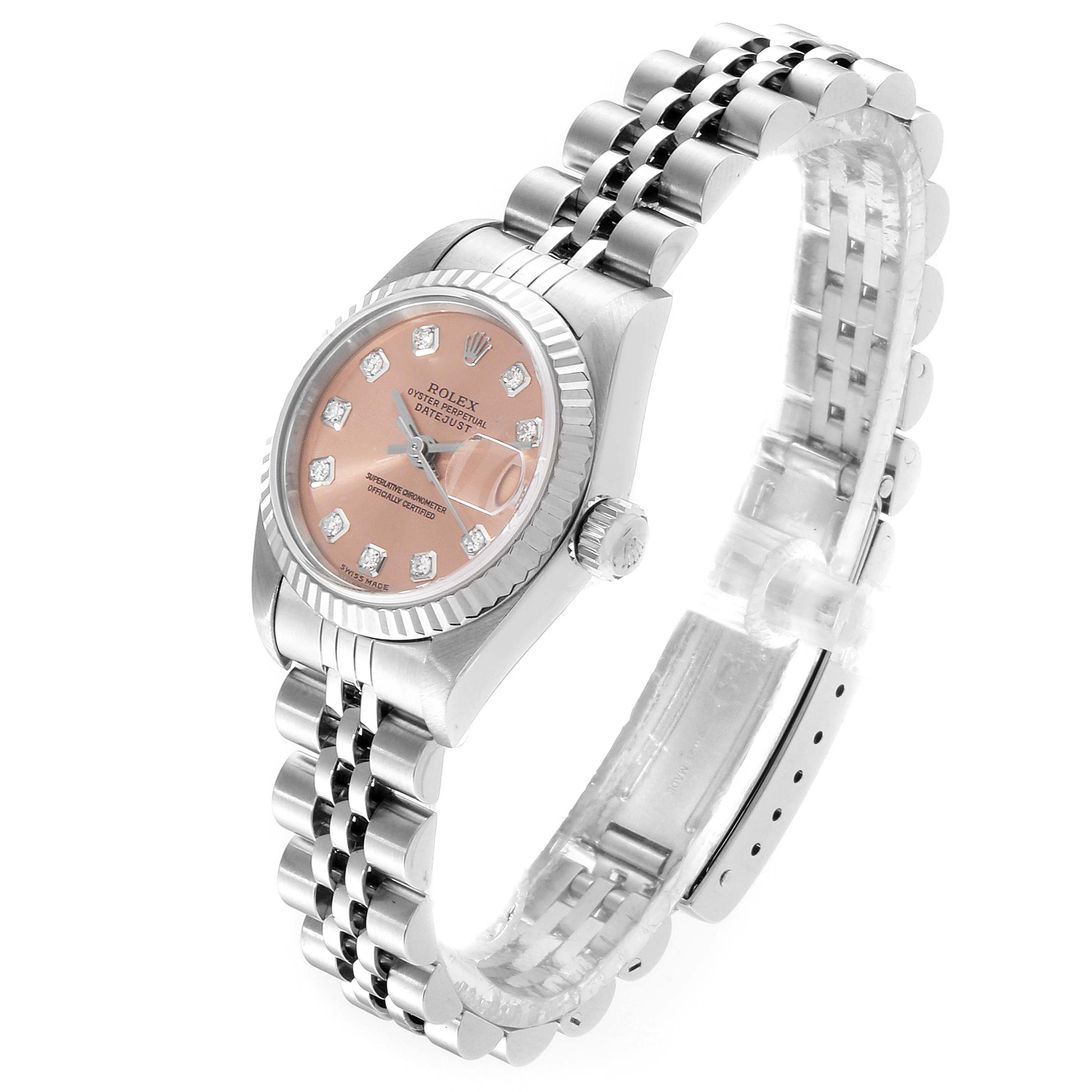 The image shows a Rolex Datejust 79174 Women
s Stainless Steel Pink Dial 79174 Women
s Stainless Steel Pink Dial watch angled to display the face, crown, and bracelet.